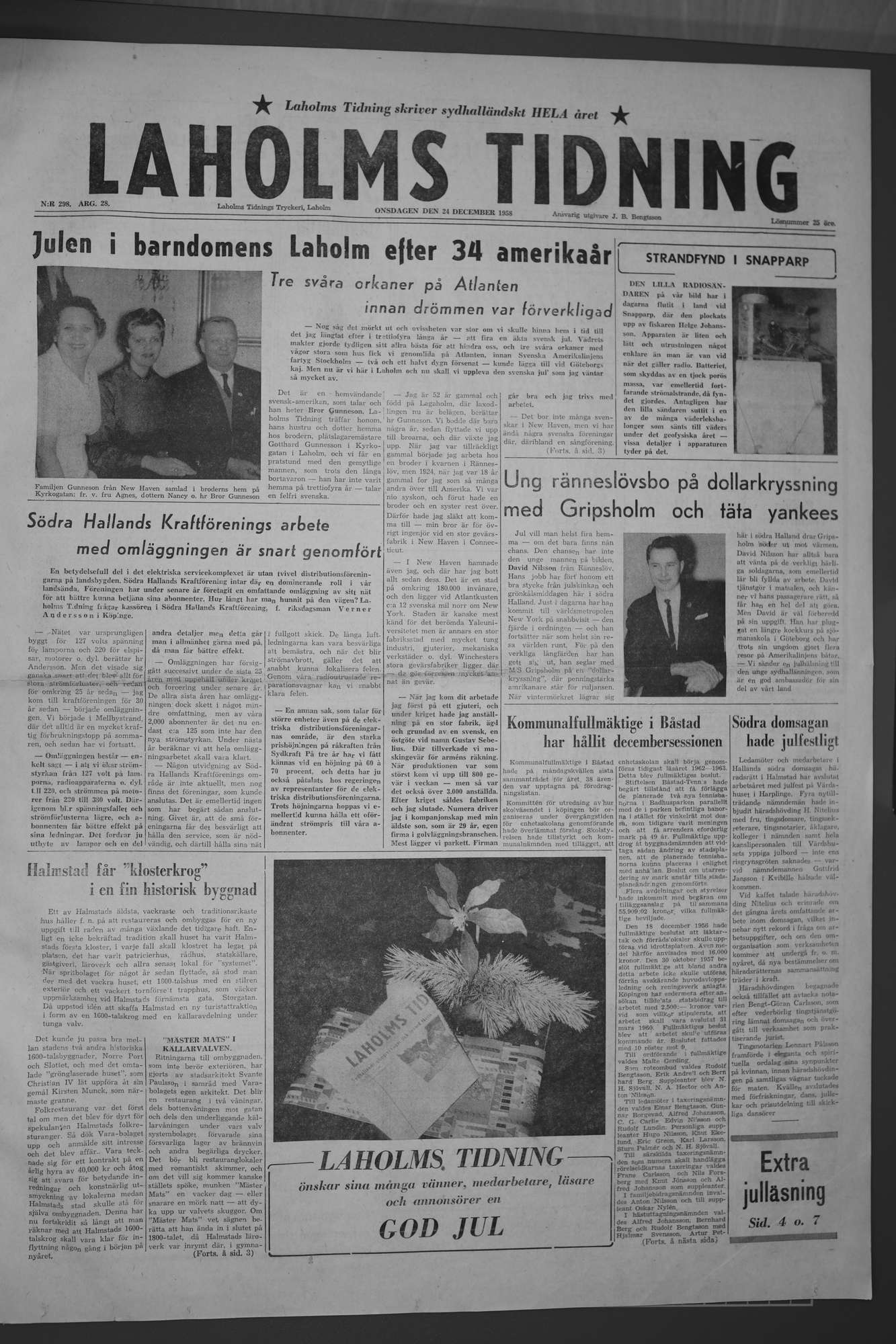 Laholms Tidning Onsdag 24 december 1958, sida 1