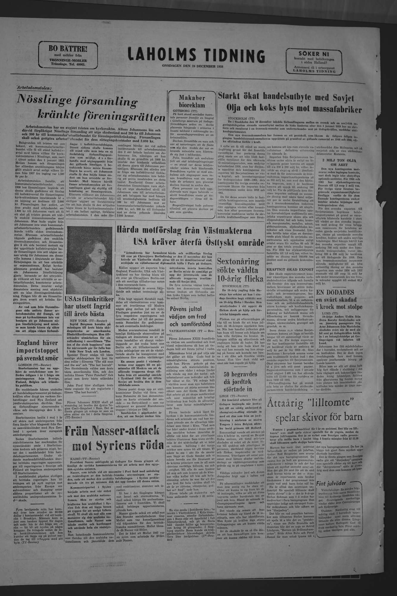 Laholms Tidning Onsdag 24 december 1958, sida 8
