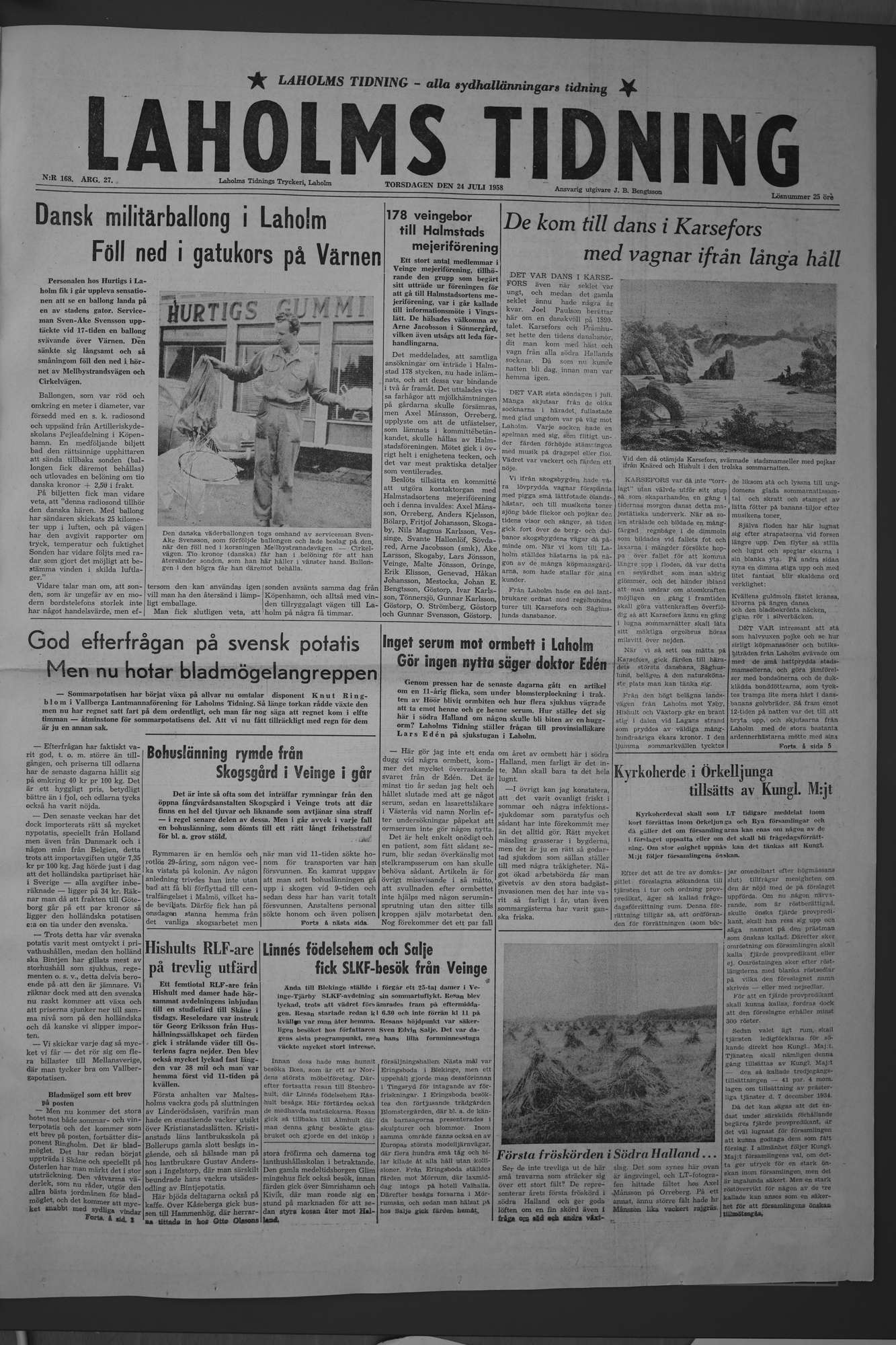 Laholms Tidning Torsdag 24 juli 1958, sida 1