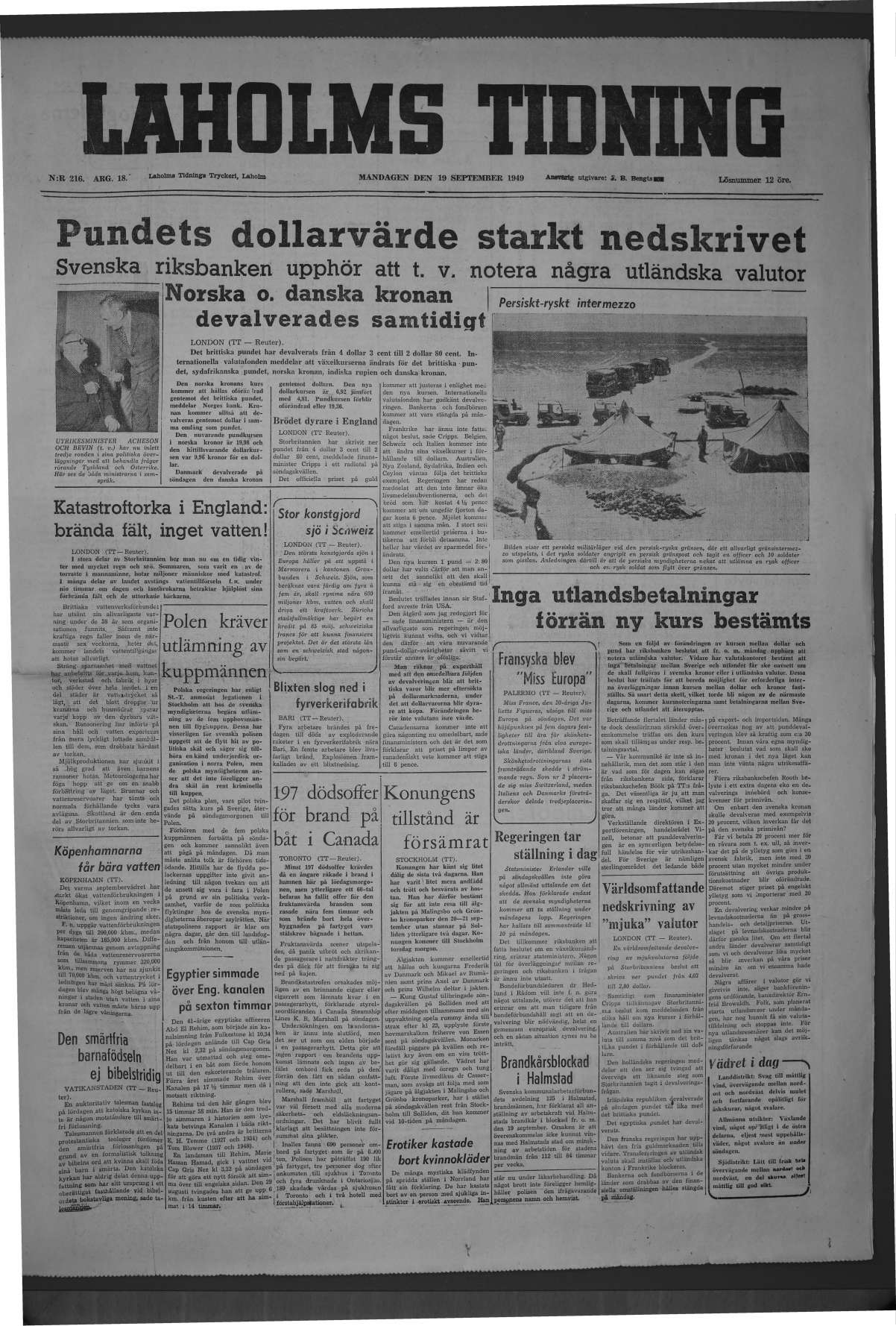 Laholms Tidning Måndag 19 september 1949, sida 1