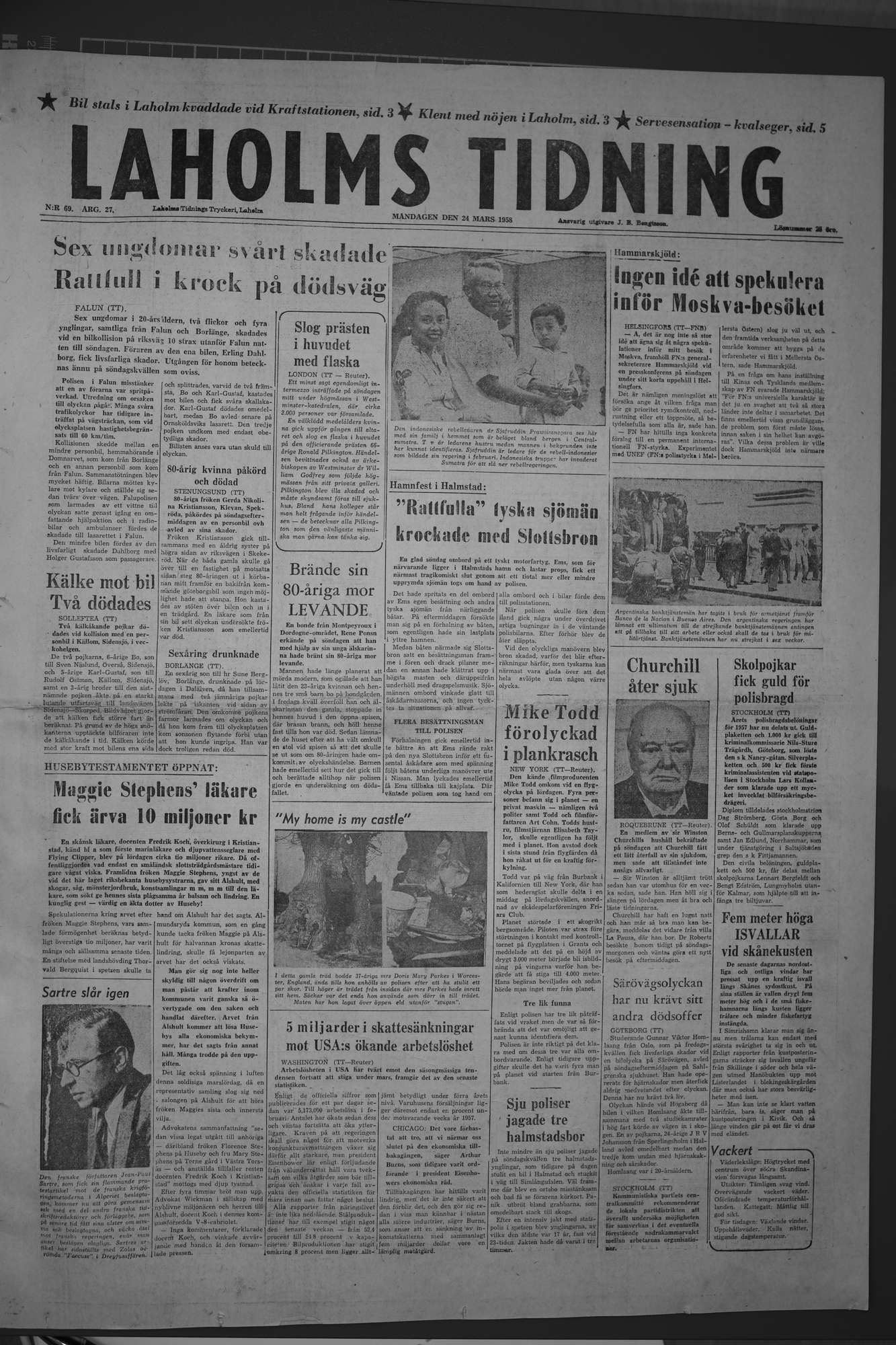Laholms Tidning Måndag 24 mars 1958, sida 1