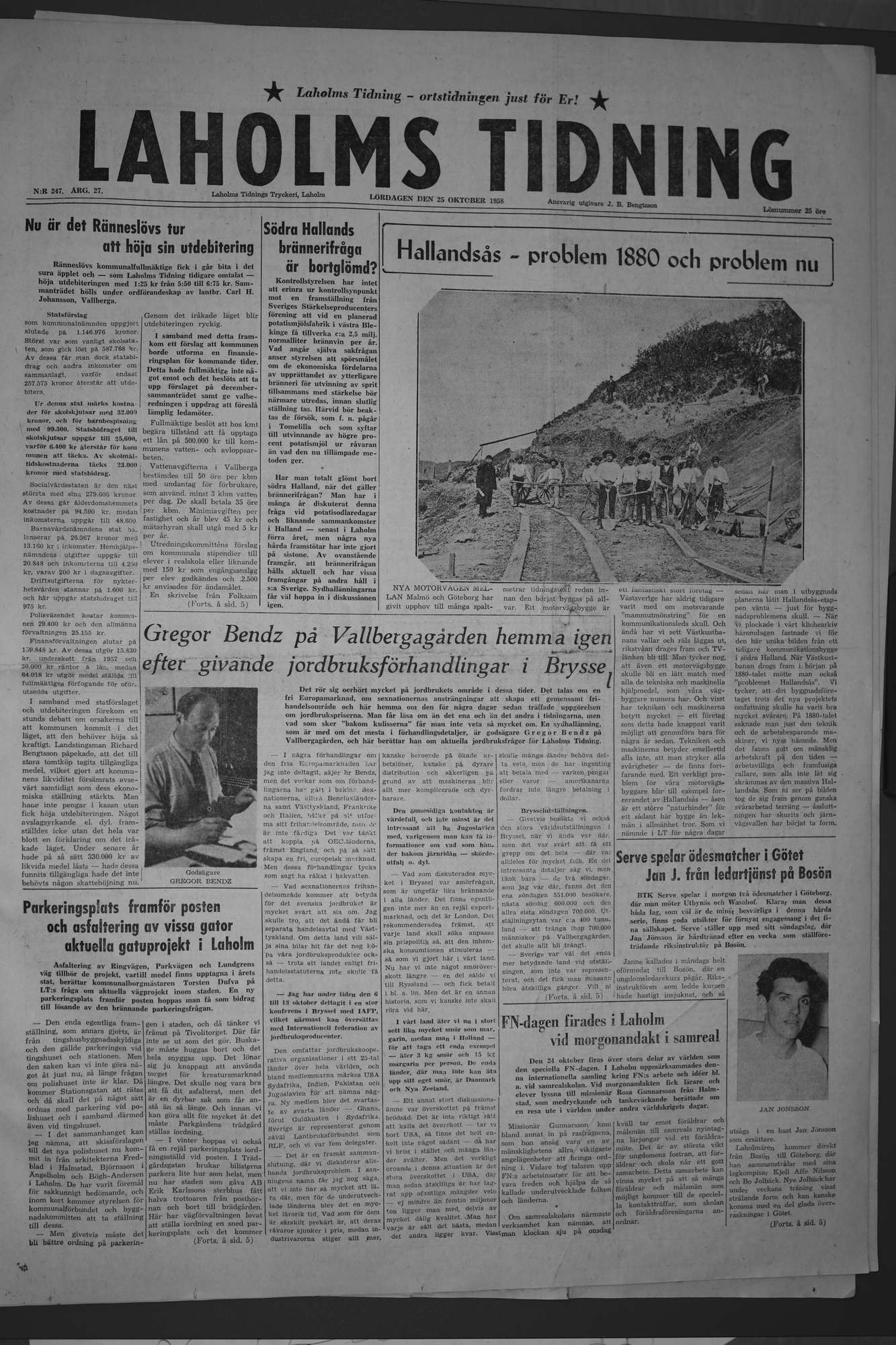 Laholms Tidning Lördag 25 oktober 1958, sida 1