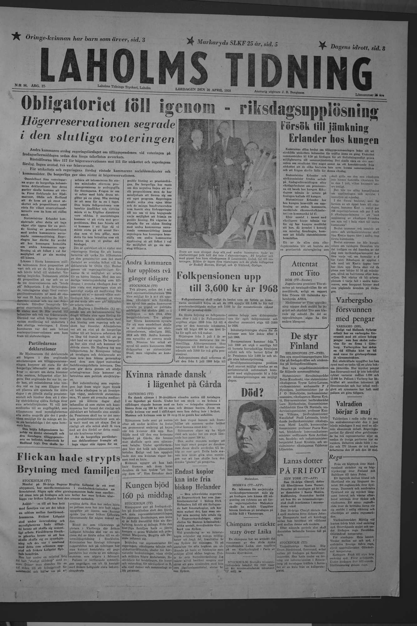 Laholms Tidning Lördag 26 april 1958, sida 1