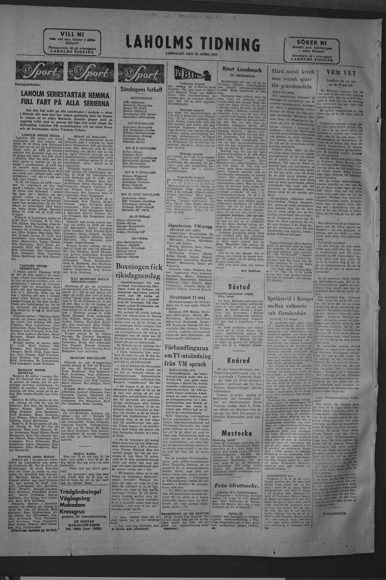 Laholms Tidning Lördag 26 april 1958, sida 8