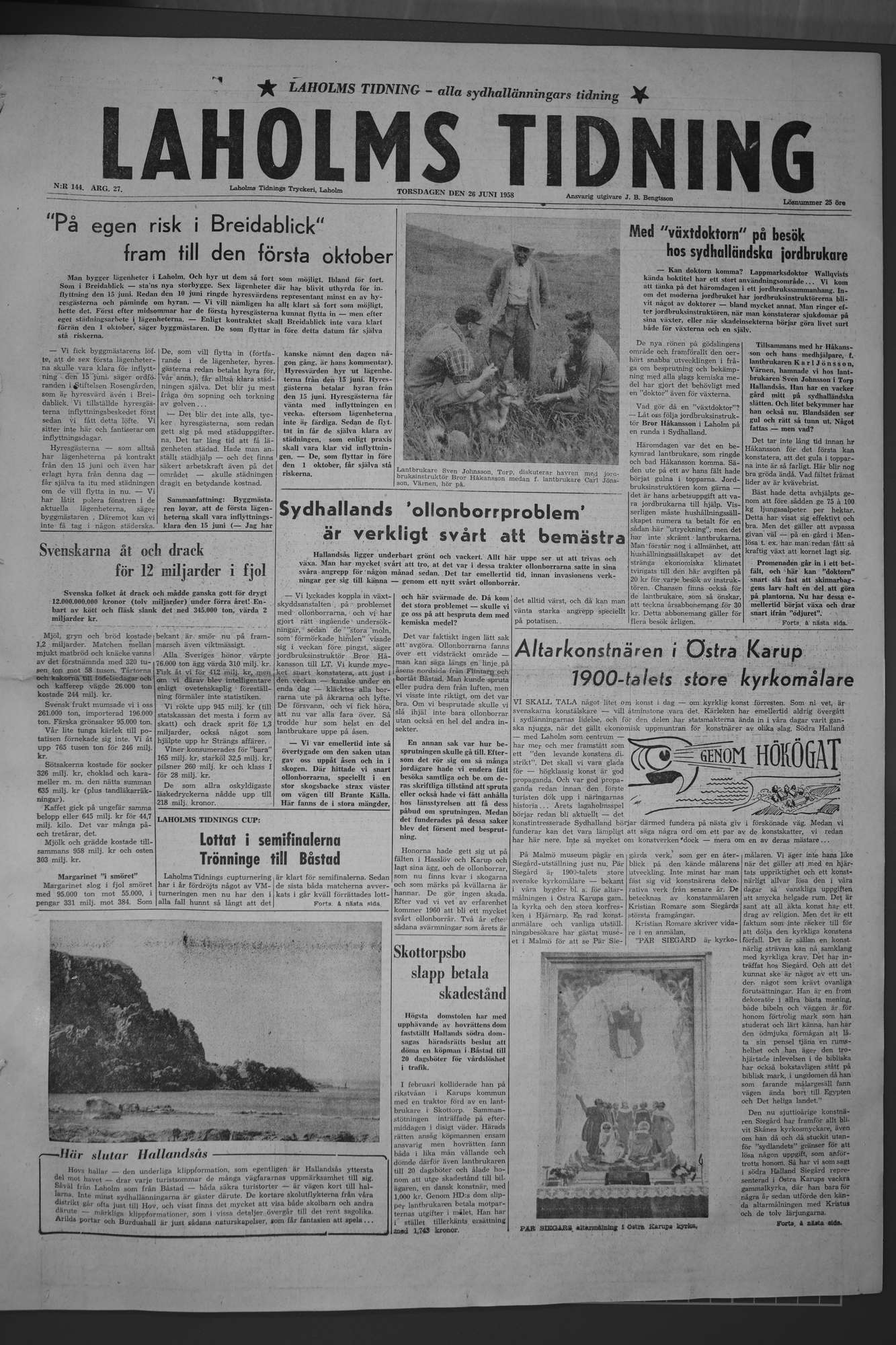Laholms Tidning Torsdag 26 juni 1958, sida 1