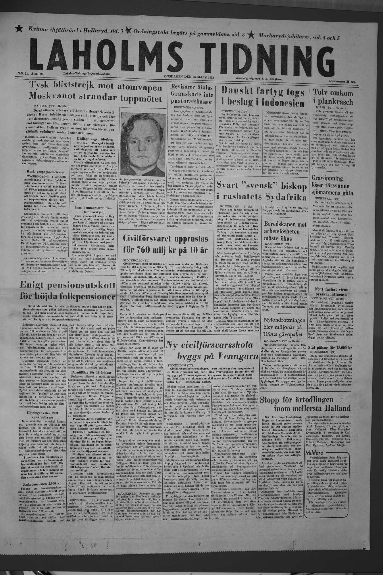 Laholms Tidning Onsdag 26 mars 1958, sida 1