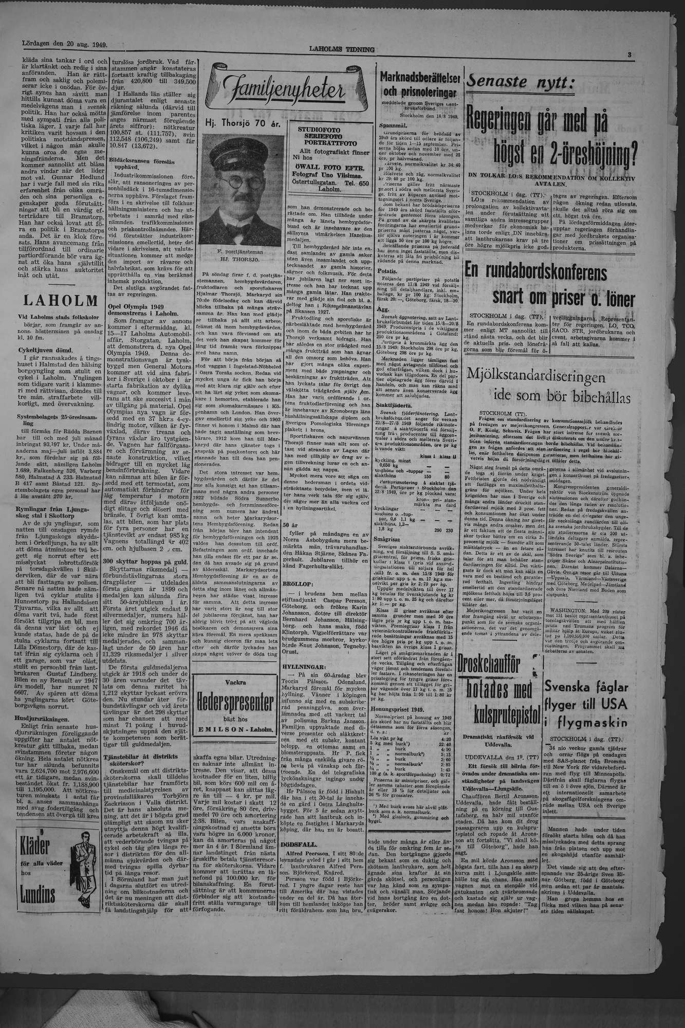 Laholms Tidning Lördag 20 augusti 1949, sida 3