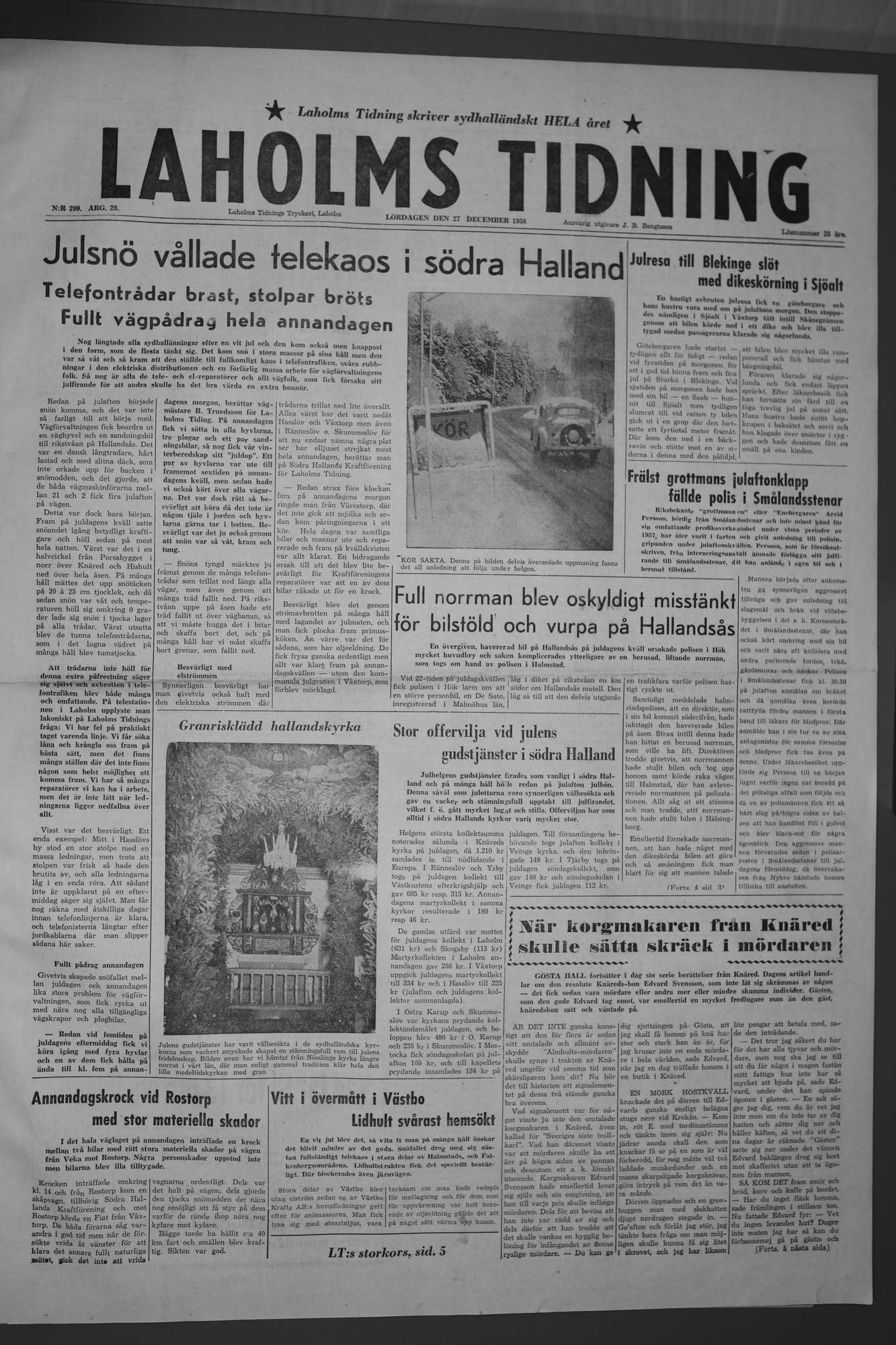 Laholms Tidning Lördag 27 december 1958, sida 1