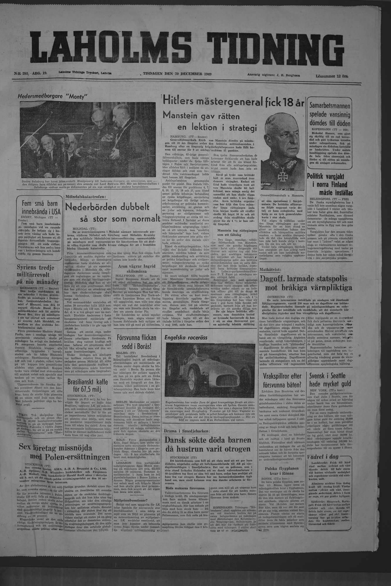 Laholms Tidning Tisdag 20 december 1949, sida 1