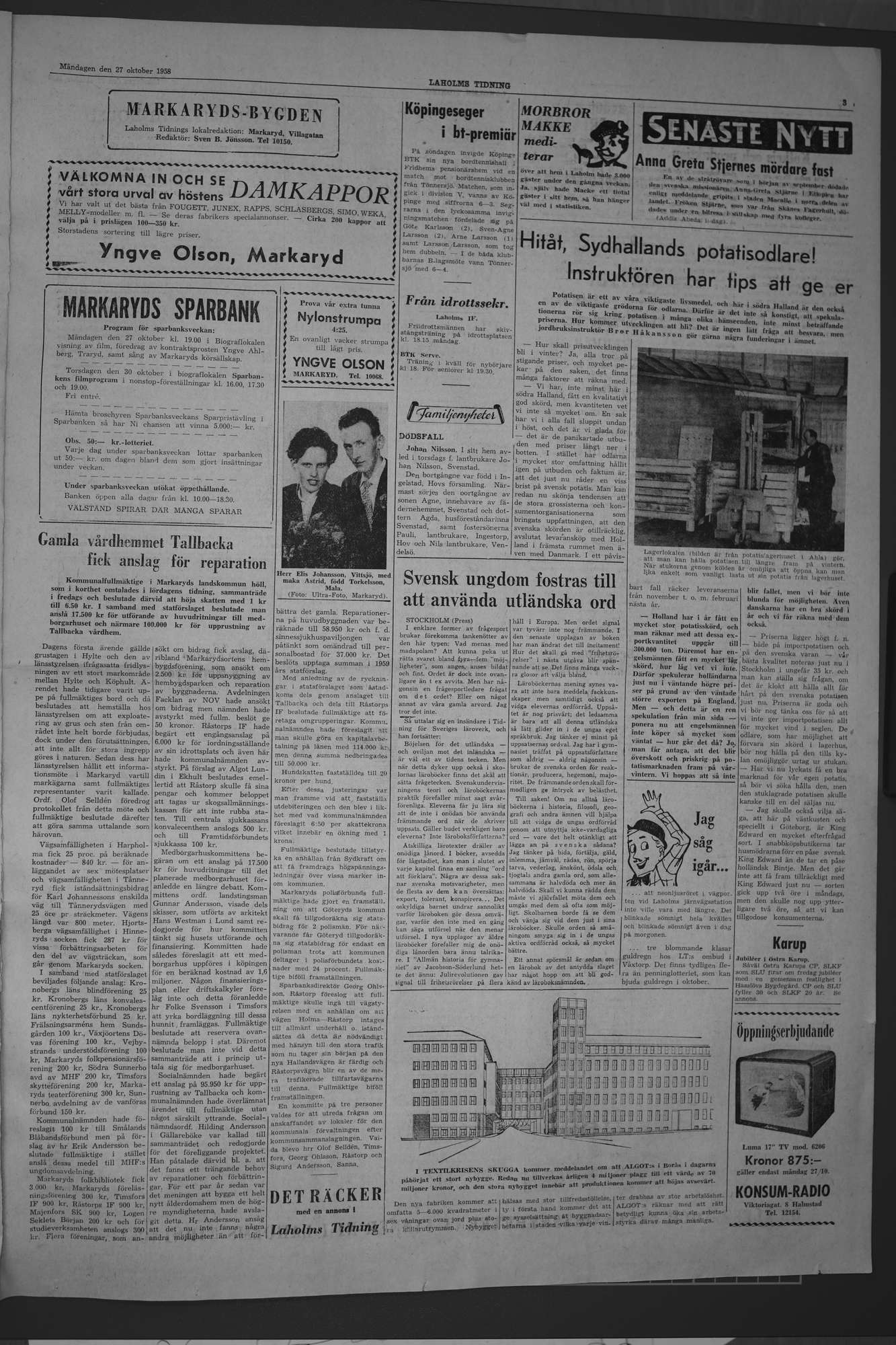 Laholms Tidning Måndag 27 oktober 1958, sida 3