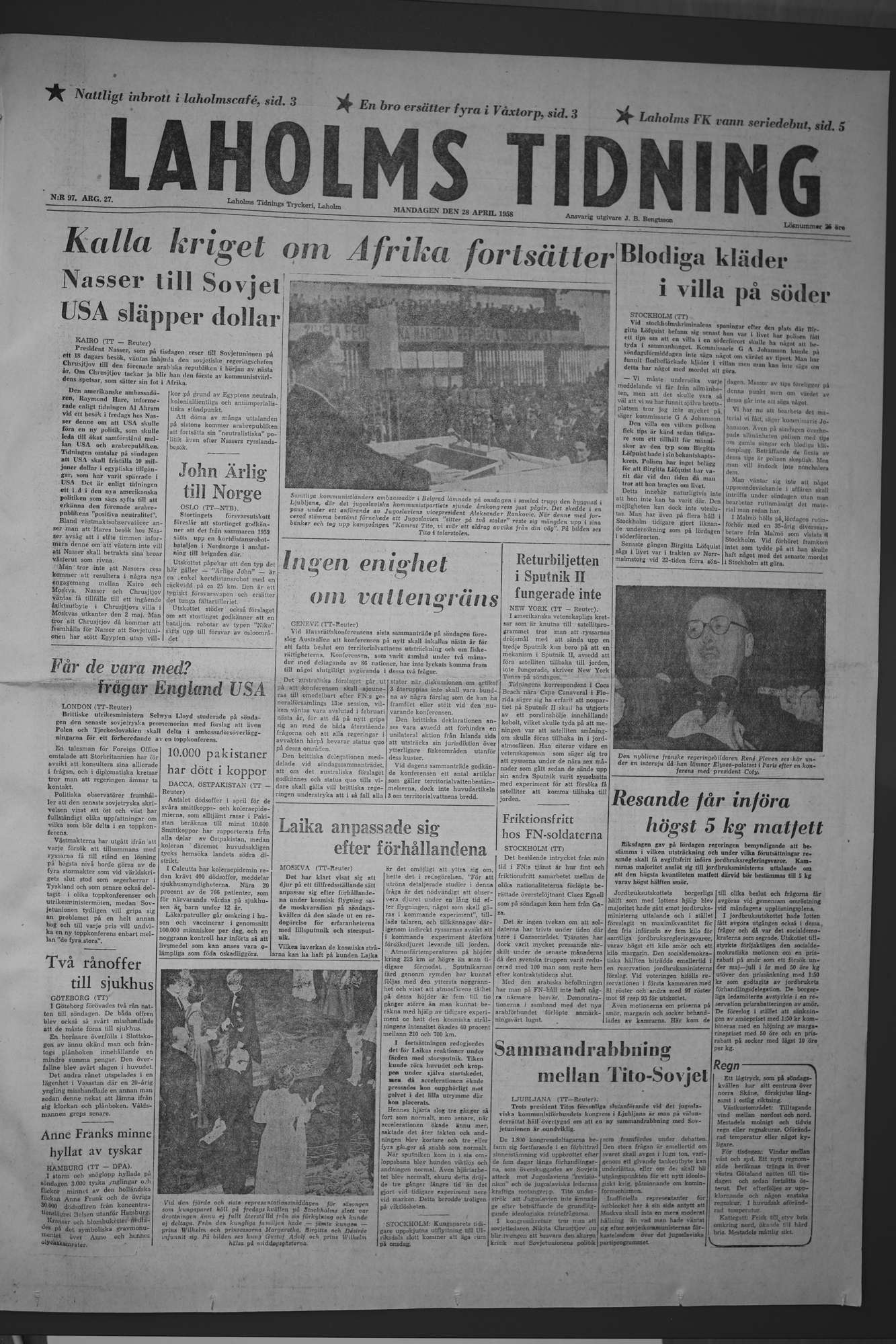Laholms Tidning Måndag 28 april 1958, sida 1