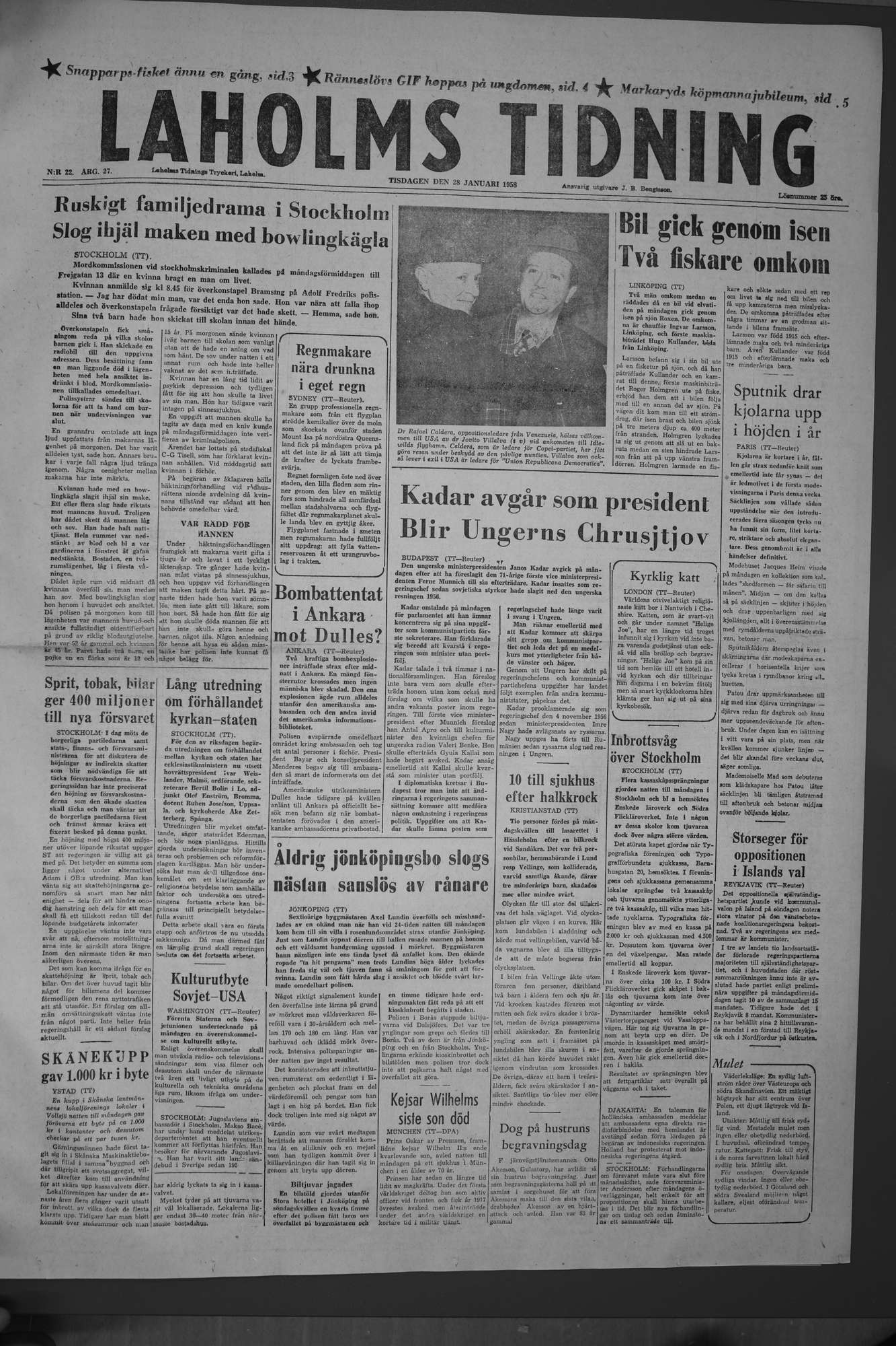 Laholms Tidning Tisdag 28 januari 1958, sida 1