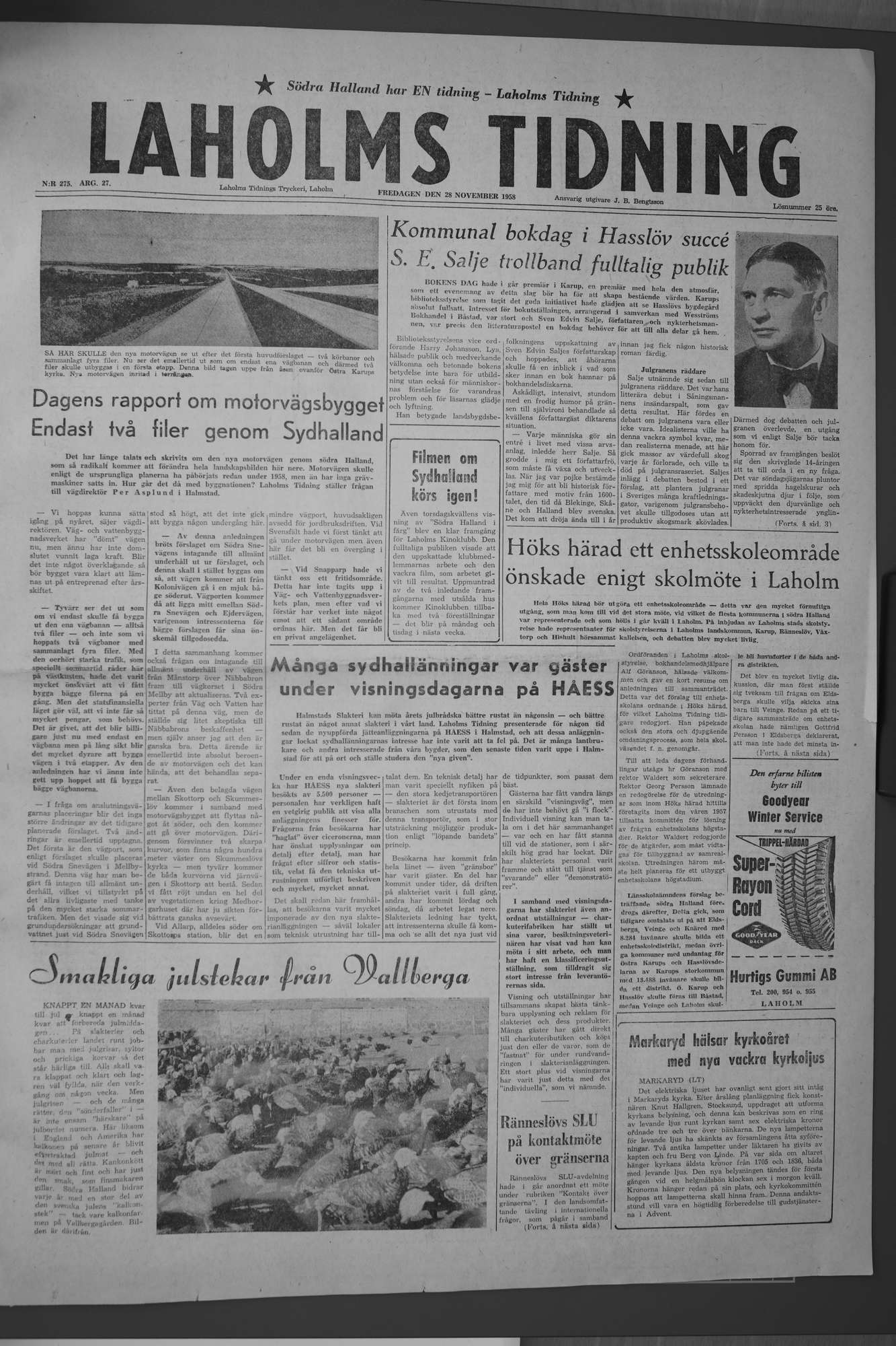 Laholms Tidning Fredag 28 november 1958, sida 1