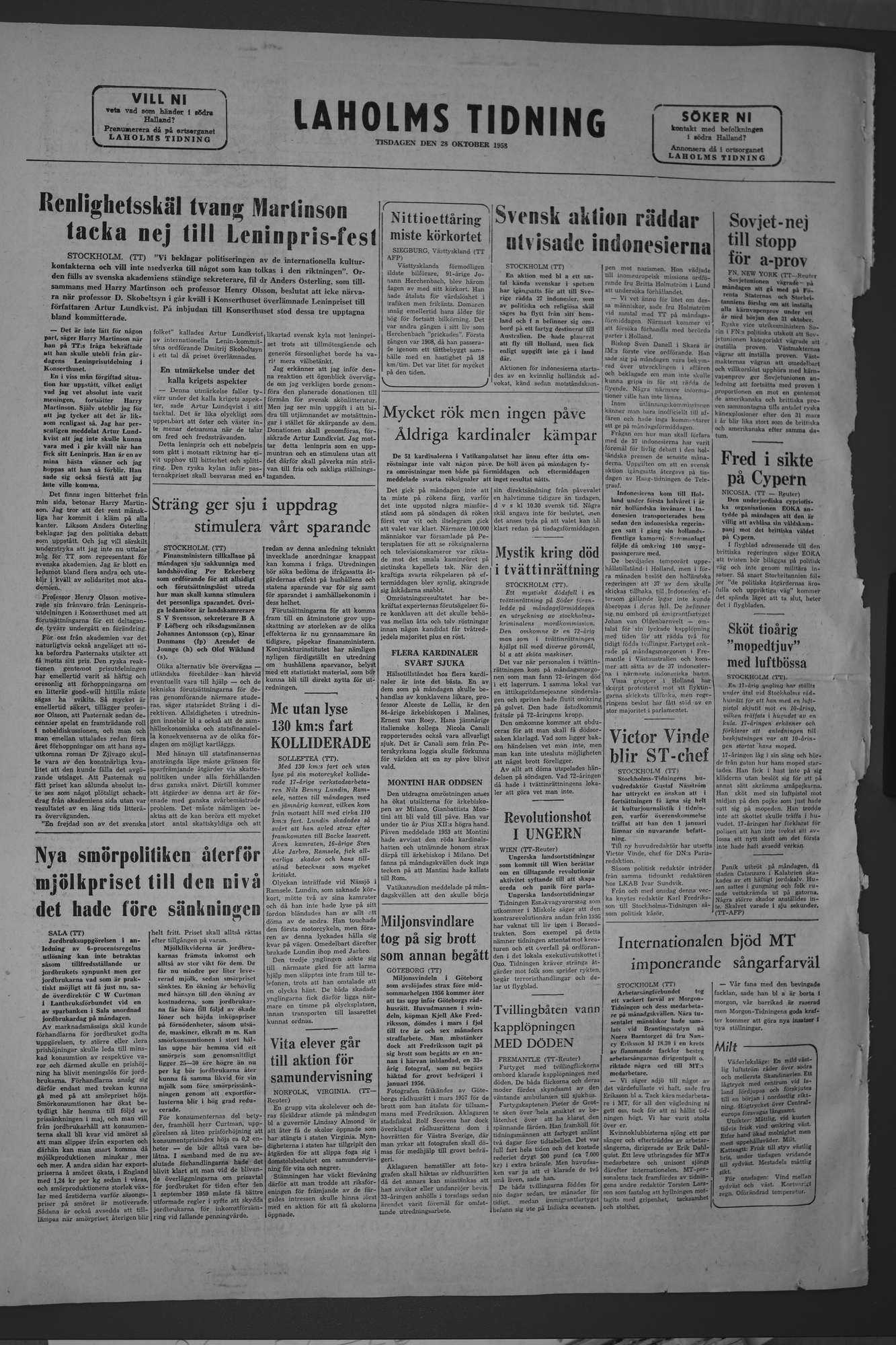 Laholms Tidning Tisdag 28 oktober 1958, sida 8