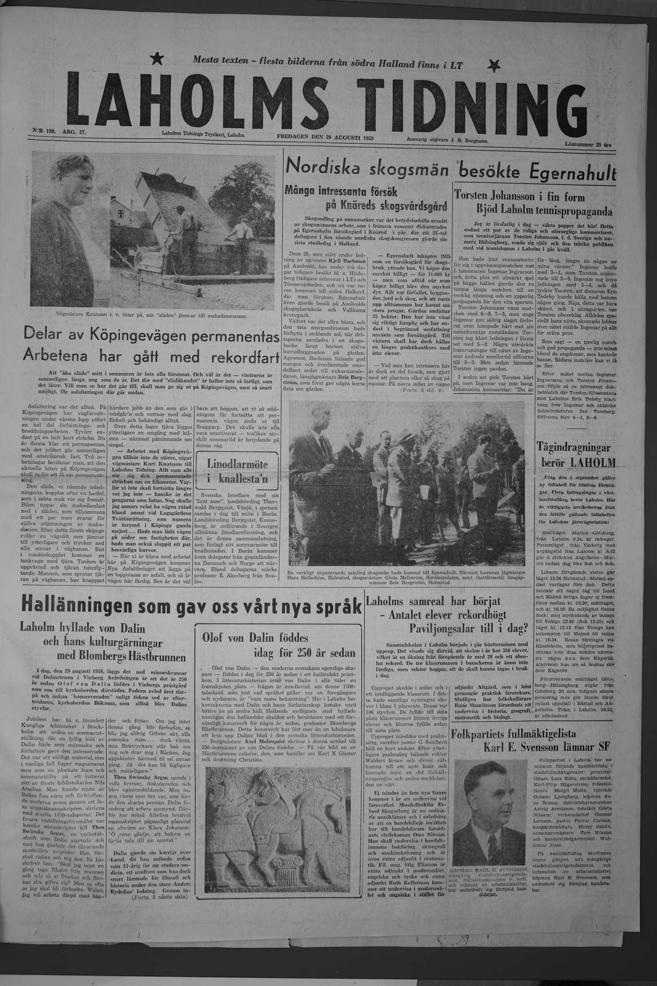Laholms Tidning Fredag 29 augusti 1958, sida 1