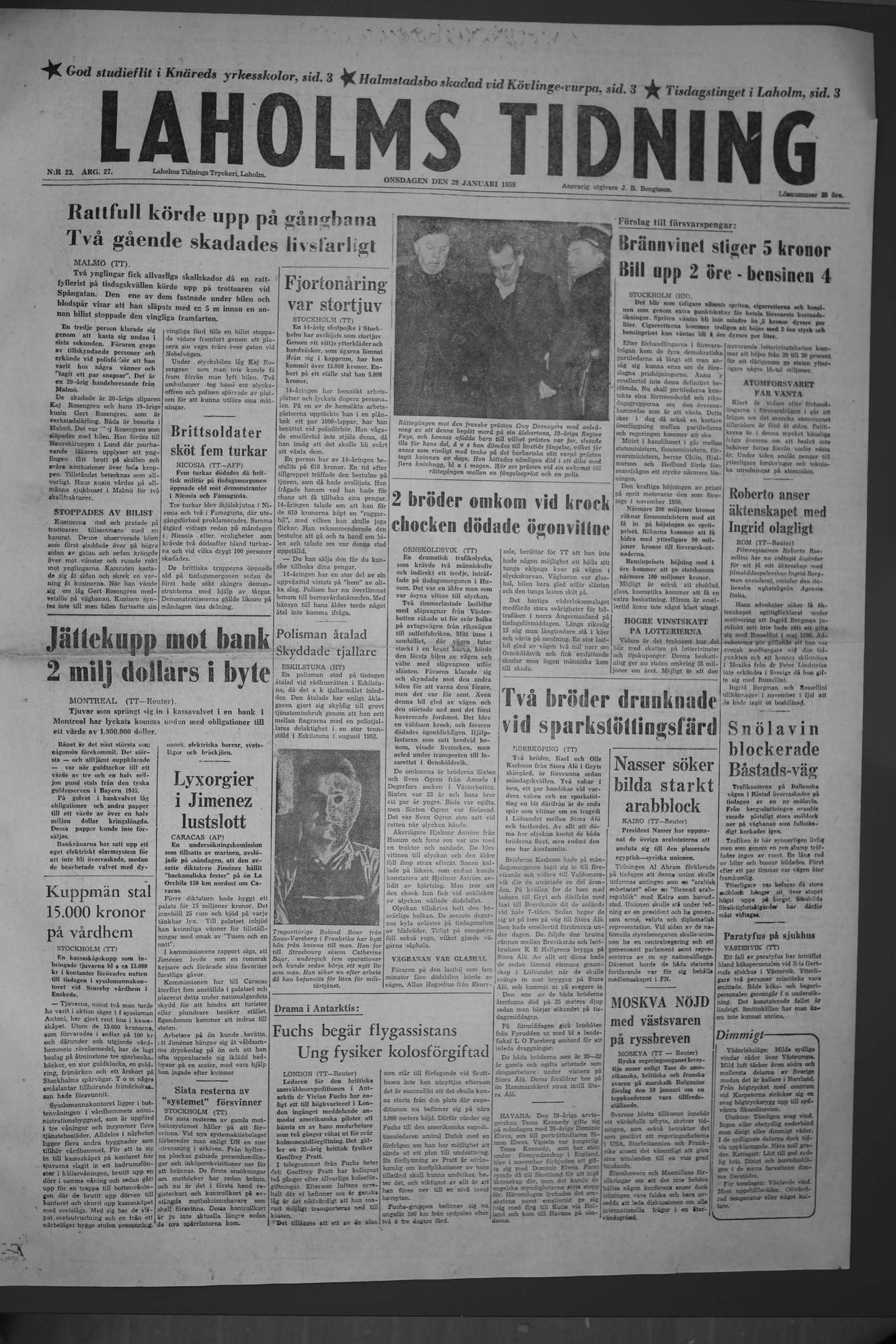 Laholms Tidning Onsdag 29 januari 1958, sida 1