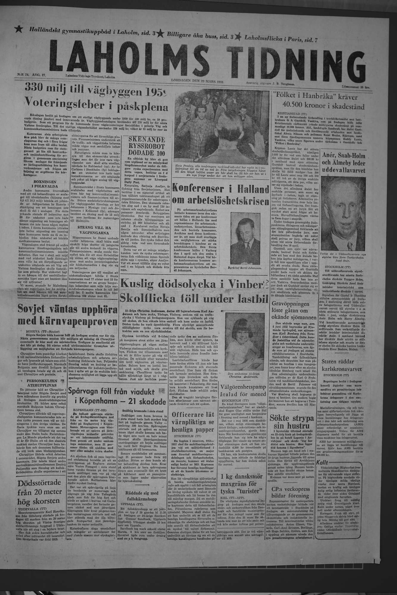 Laholms Tidning Lördag 29 mars 1958, sida 1