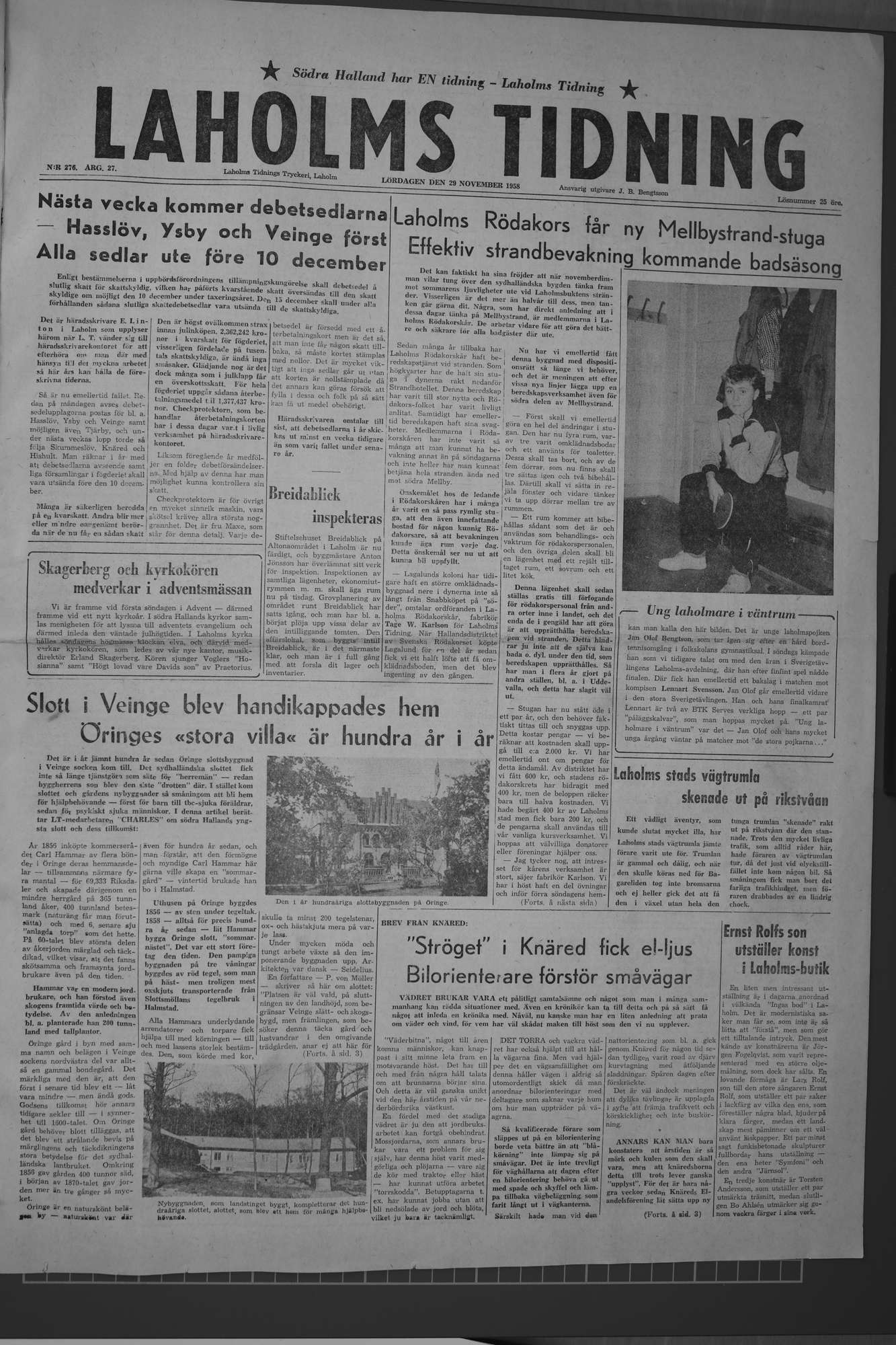 Laholms Tidning Lördag 29 november 1958, sida 1