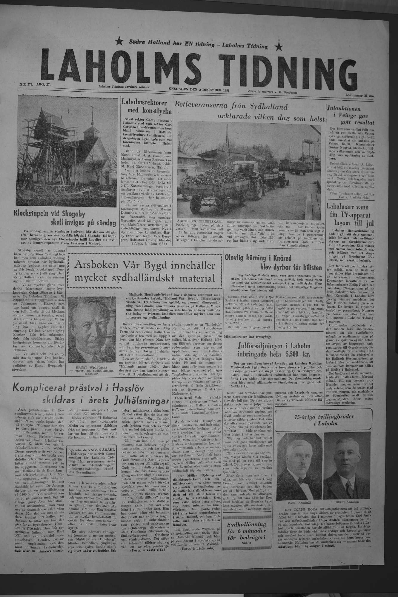 Laholms Tidning Onsdag 3 december 1958, sida 1