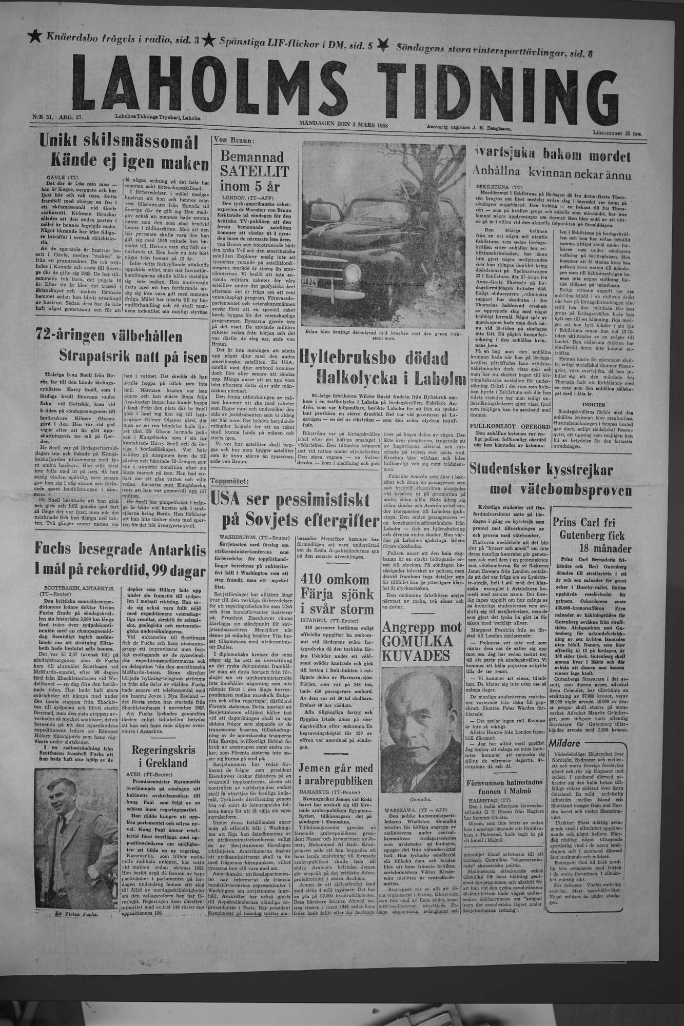 Laholms Tidning Måndag 3 mars 1958, sida 1