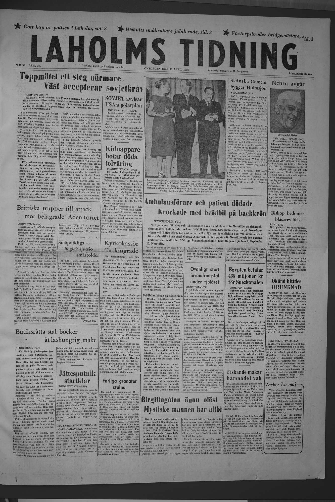 Laholms Tidning Onsdag 30 april 1958, sida 1