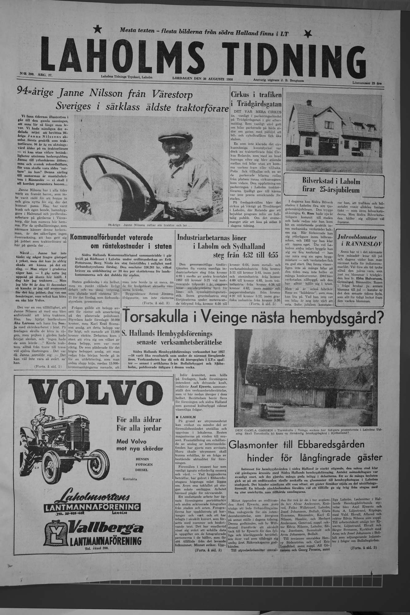Laholms Tidning Lördag 30 augusti 1958, sida 1