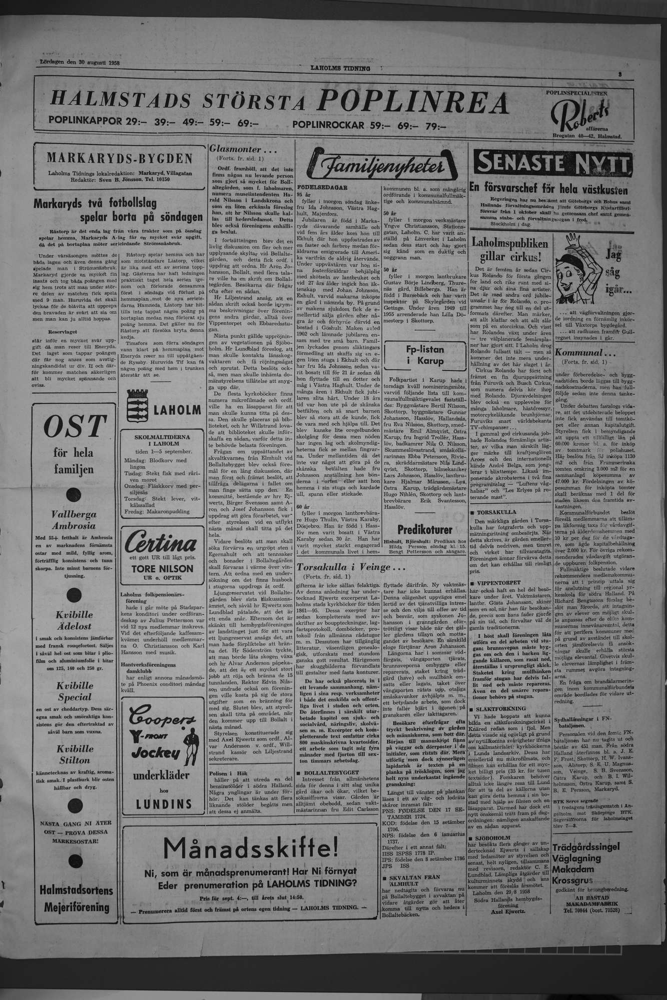 Laholms Tidning Lördag 30 augusti 1958, sida 3
