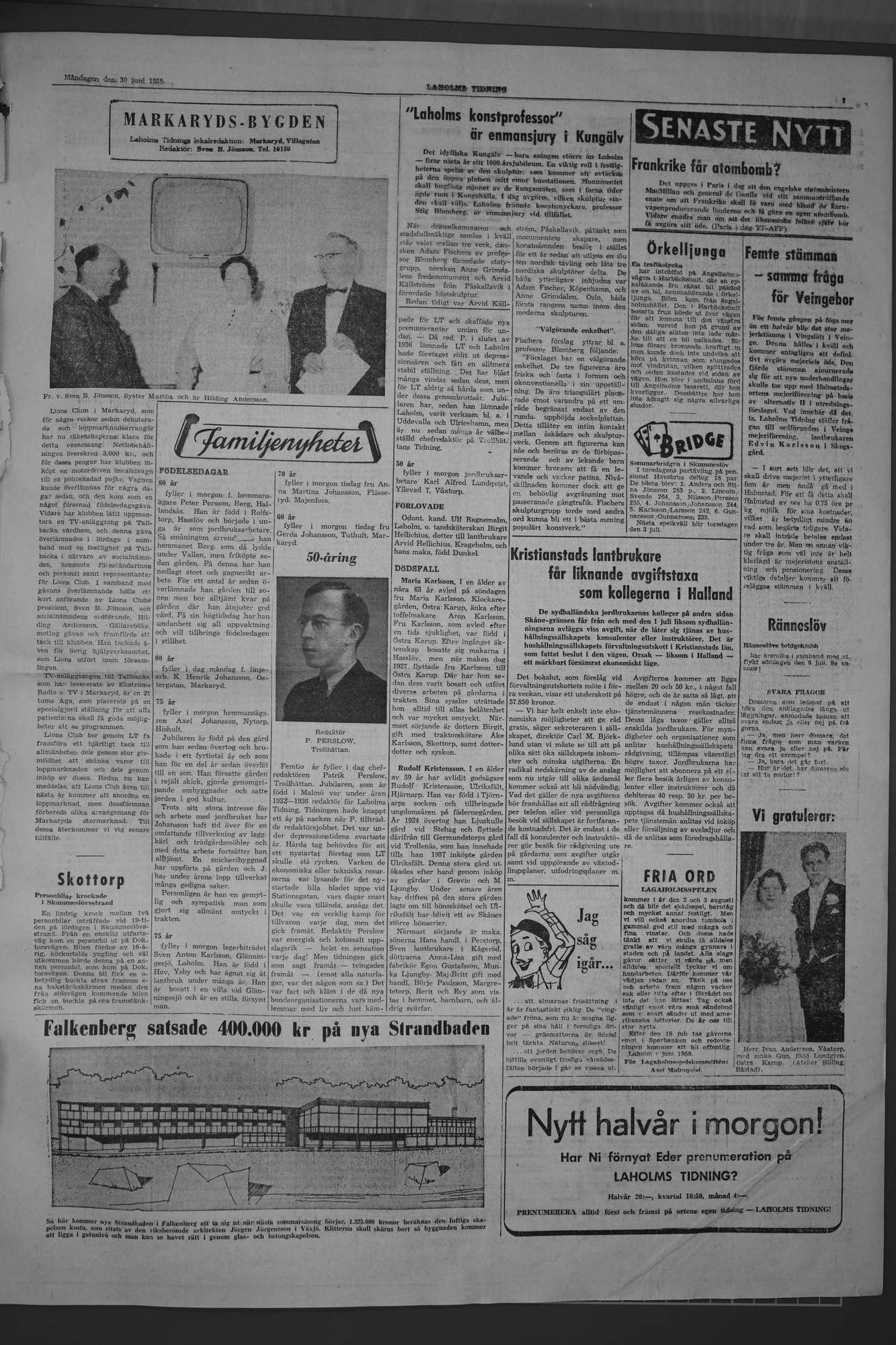 Laholms Tidning Måndag 30 juni 1958, sida 3