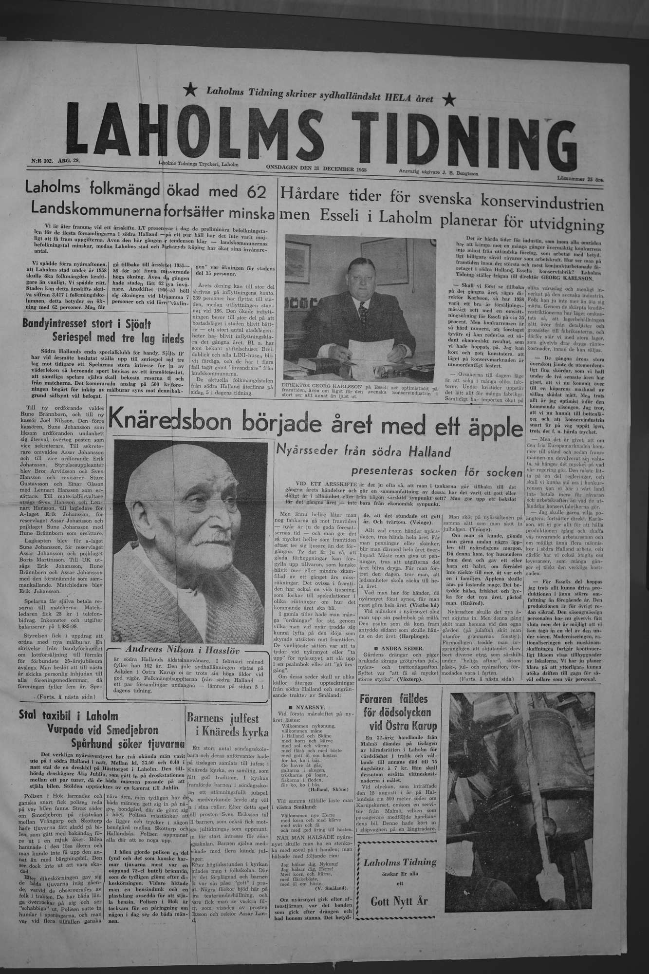 Laholms Tidning Onsdag 31 december 1958, sida 1