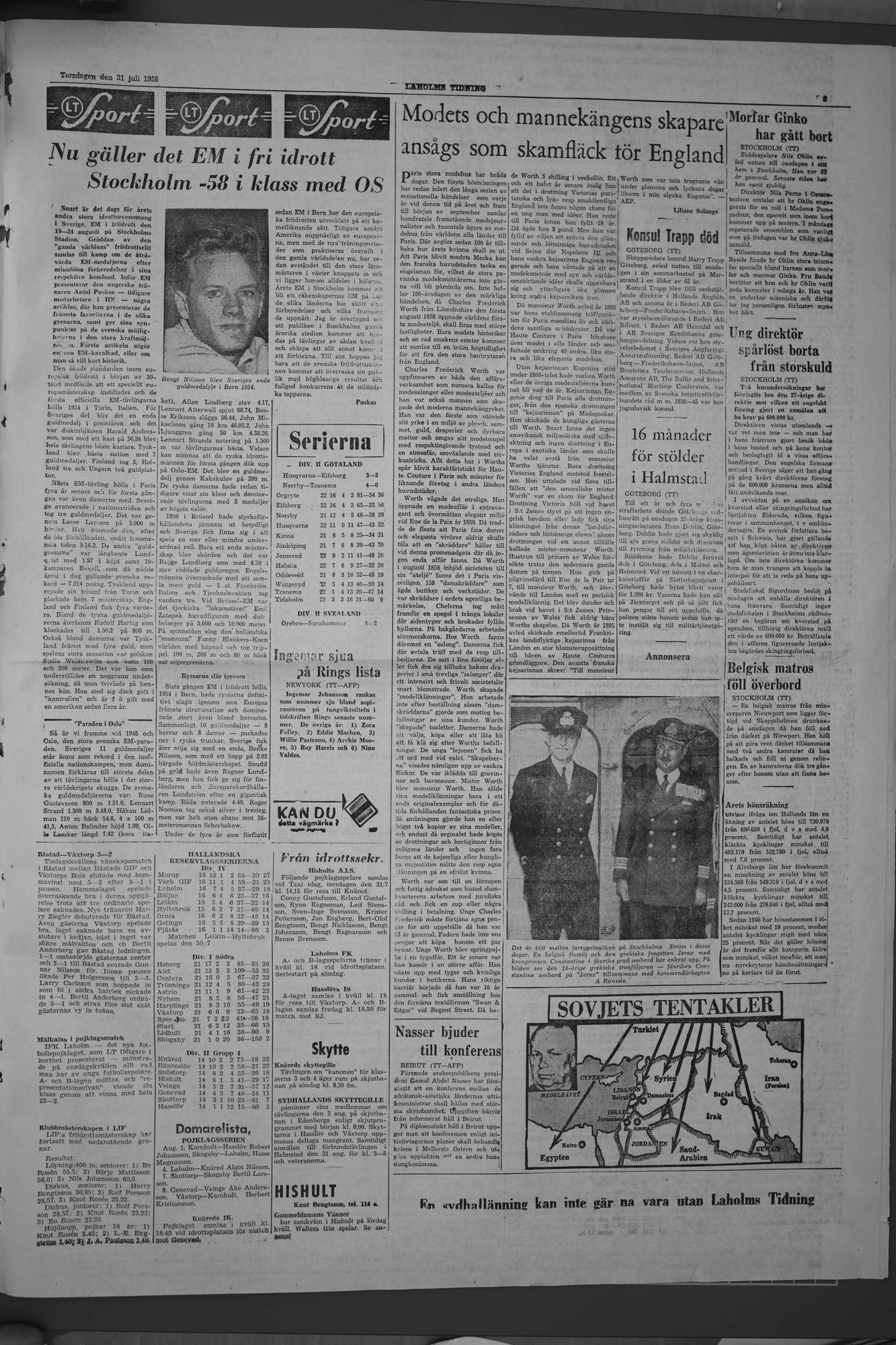 Laholms Tidning Torsdag 31 juli 1958, sida 1