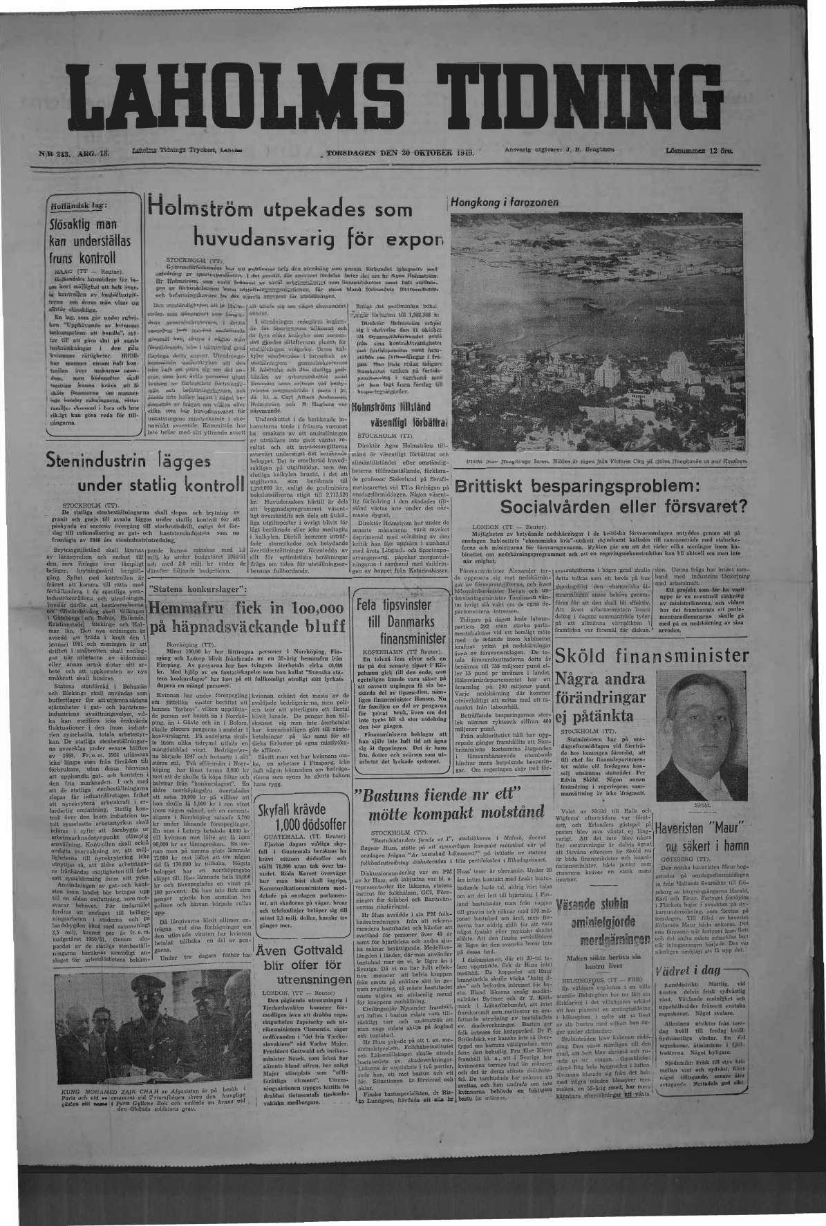 Laholms Tidning Torsdag 20 oktober 1949, sida 1