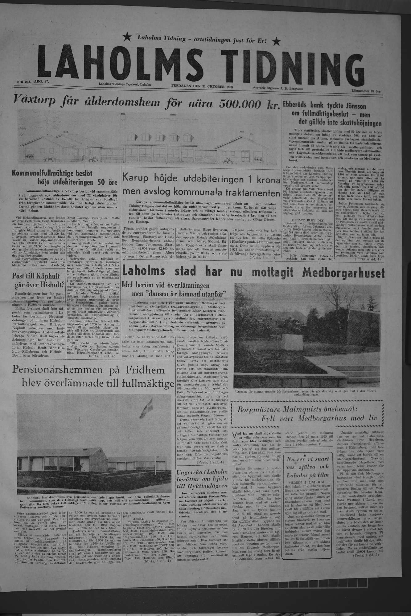 Laholms Tidning Fredag 31 oktober 1958, sida 1