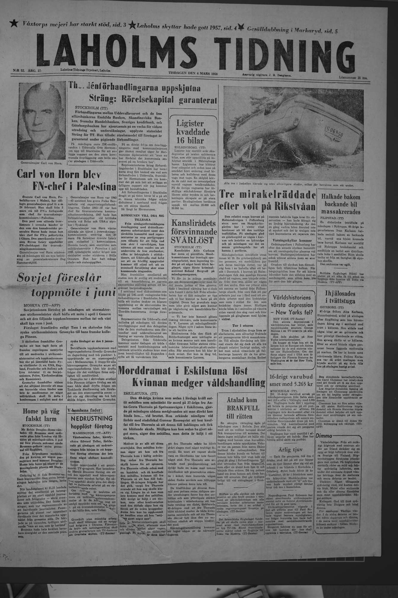 Laholms Tidning Tisdag 4 mars 1958, sida 1