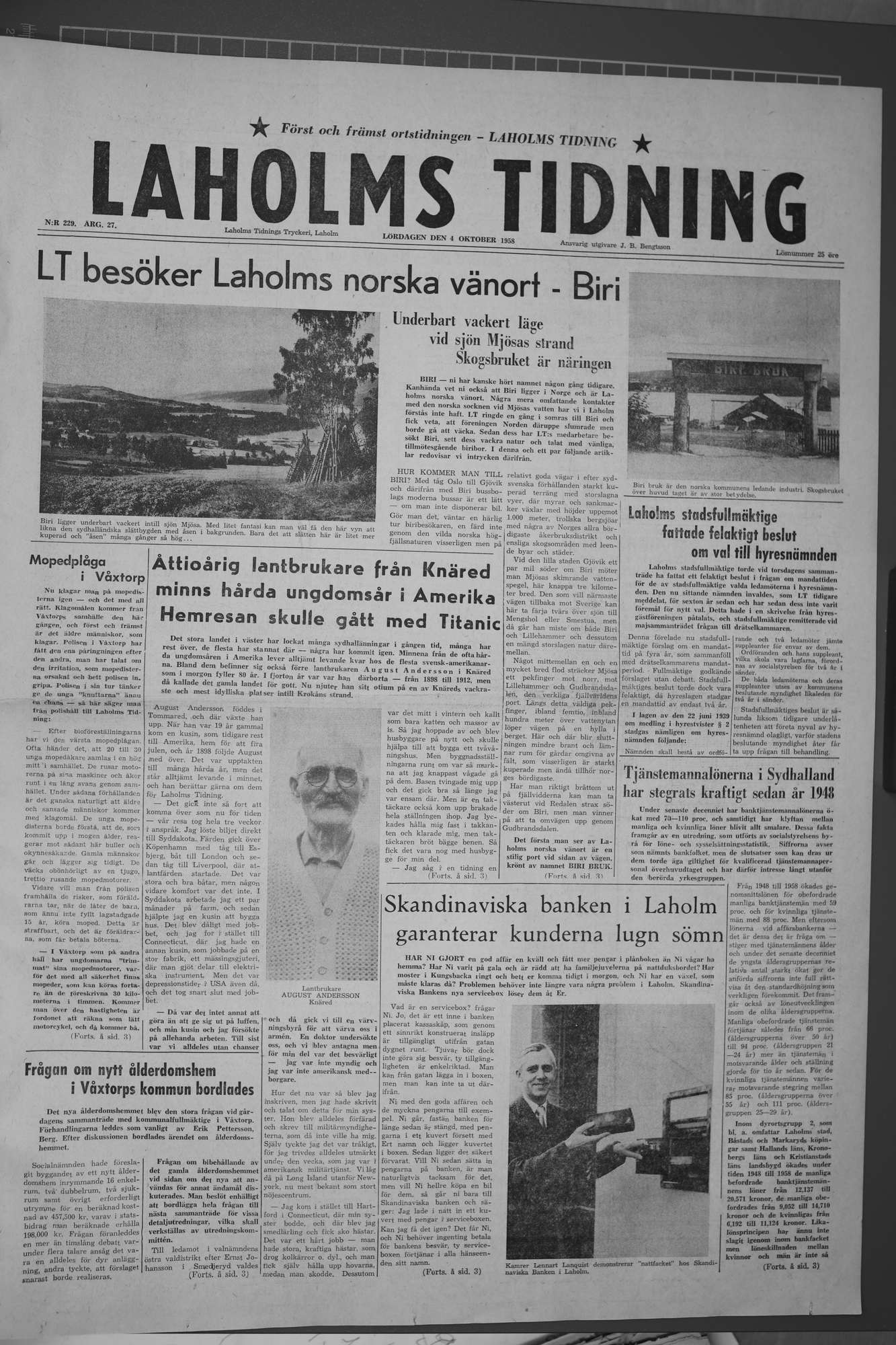 Laholms Tidning Lördag 4 oktober 1958, sida 1