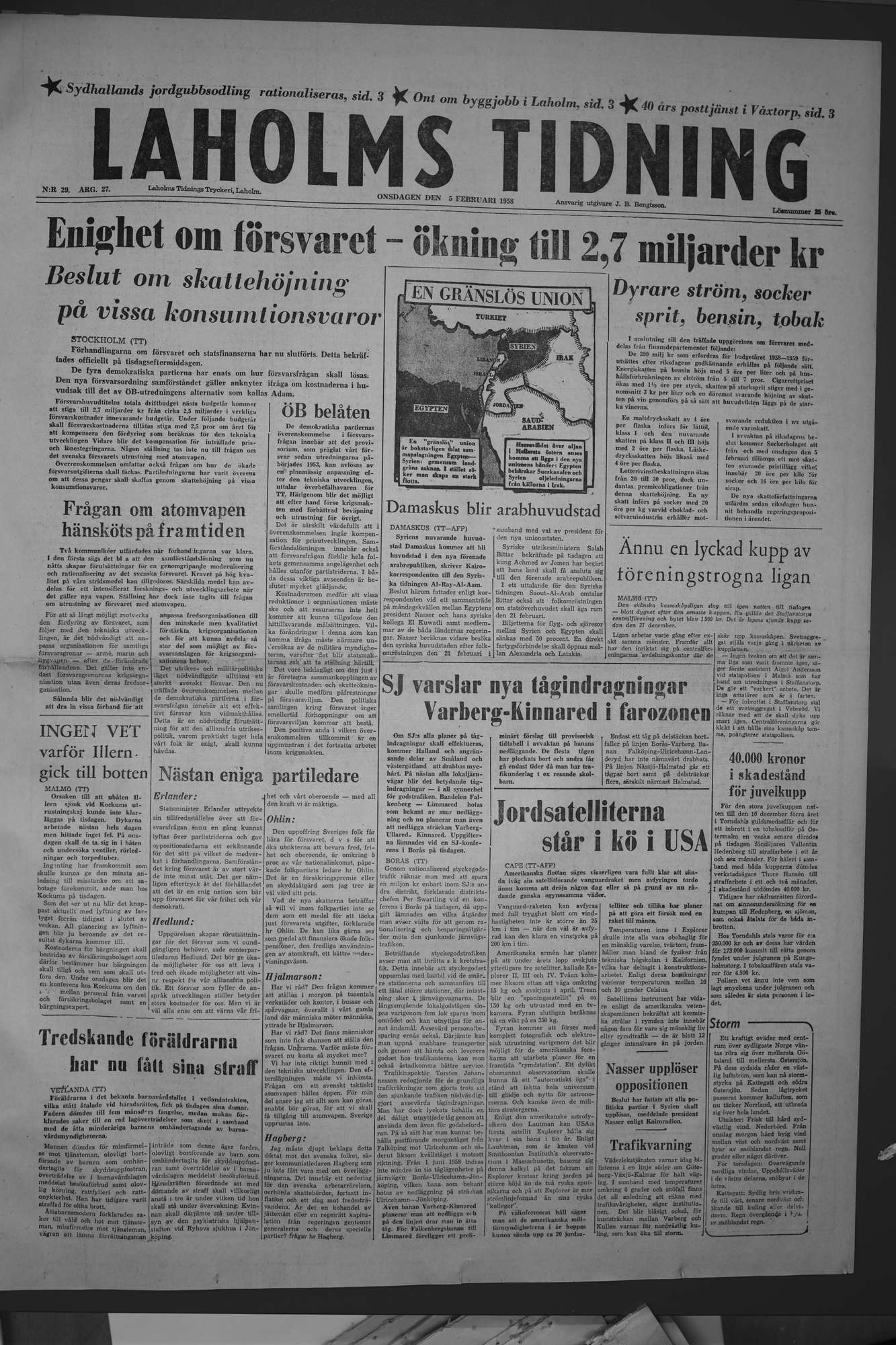 Laholms Tidning Onsdag 5 februari 1958, sida 1