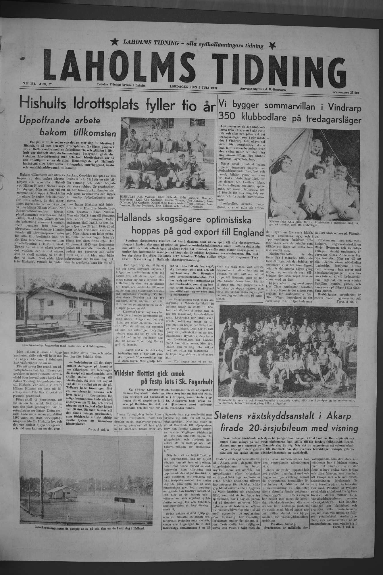 Laholms Tidning Lördag 5 juli 1958, sida 1