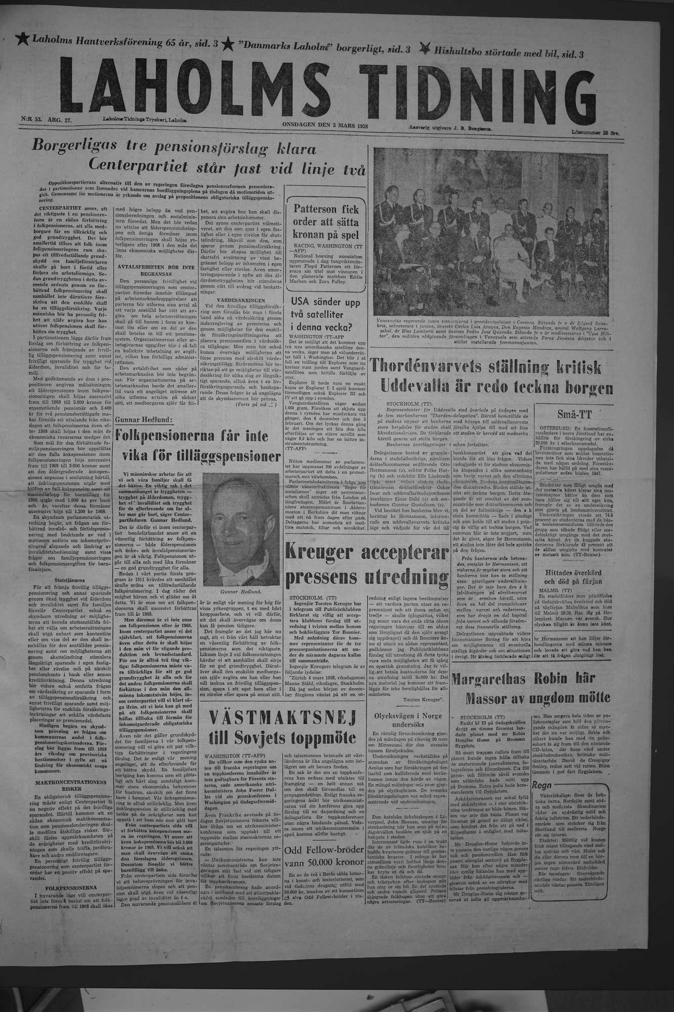 Laholms Tidning Onsdag 5 mars 1958, sida 1