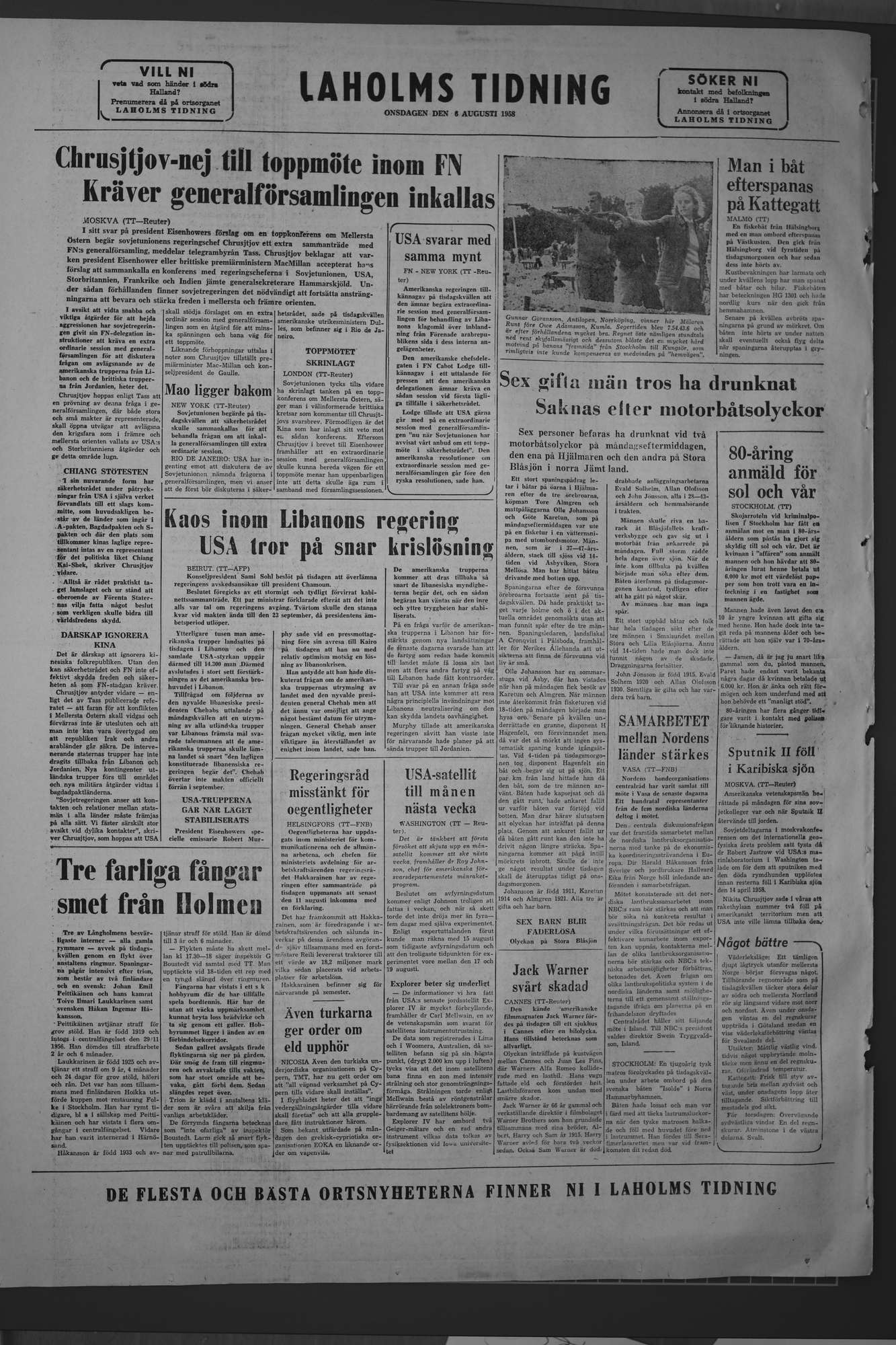 Laholms Tidning Onsdag 6 augusti 1958, sida 8