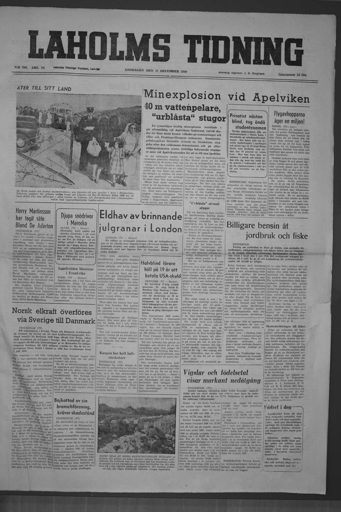 Laholms Tidning Onsdag 21 december 1949, sida 1