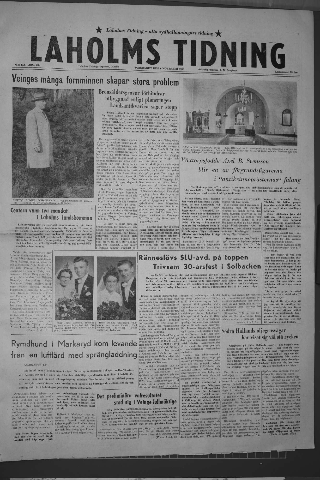 Laholms Tidning Torsdag 6 november 1958, sida 1