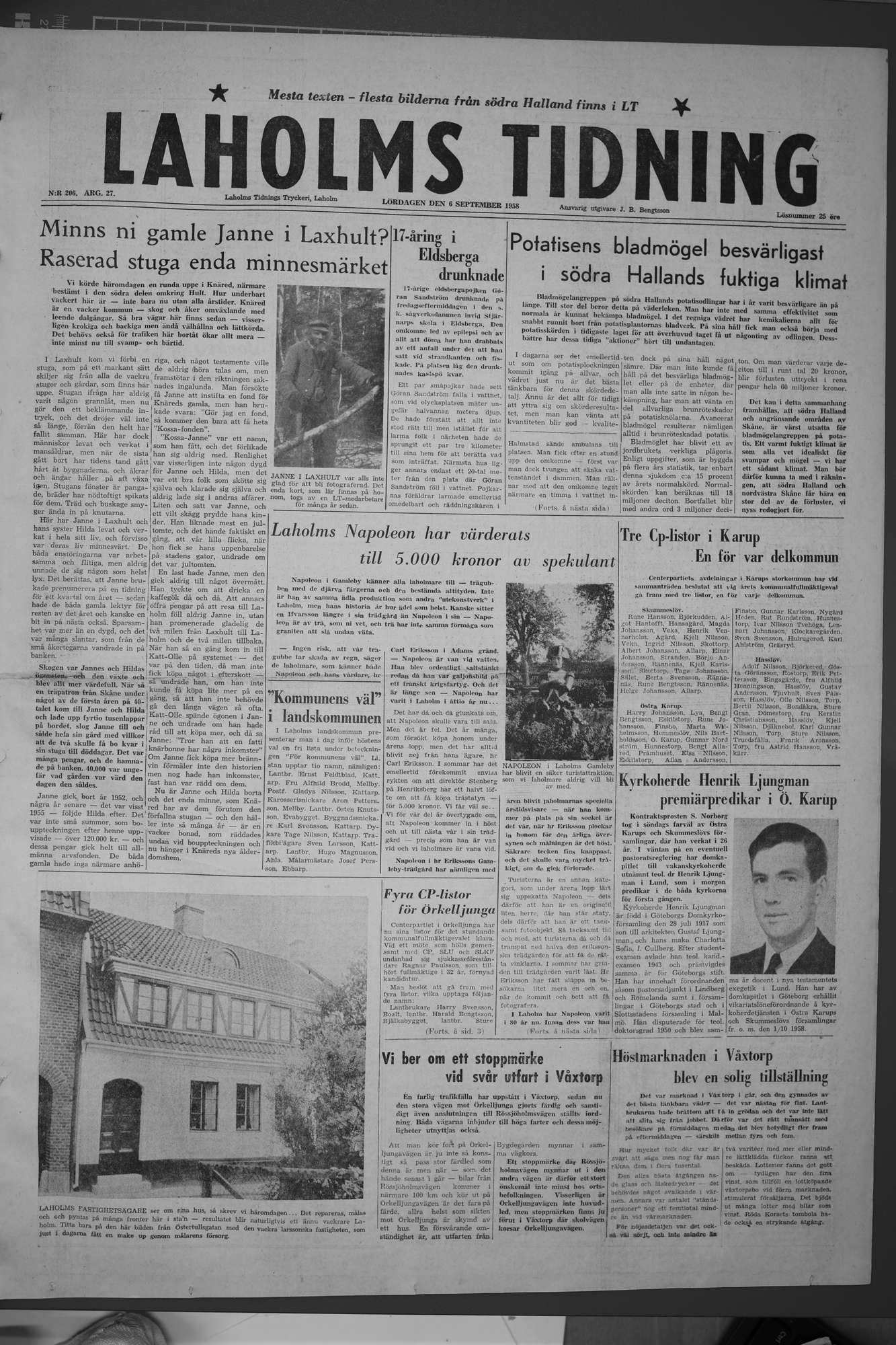 Laholms Tidning Lördag 6 september 1958, sida 1