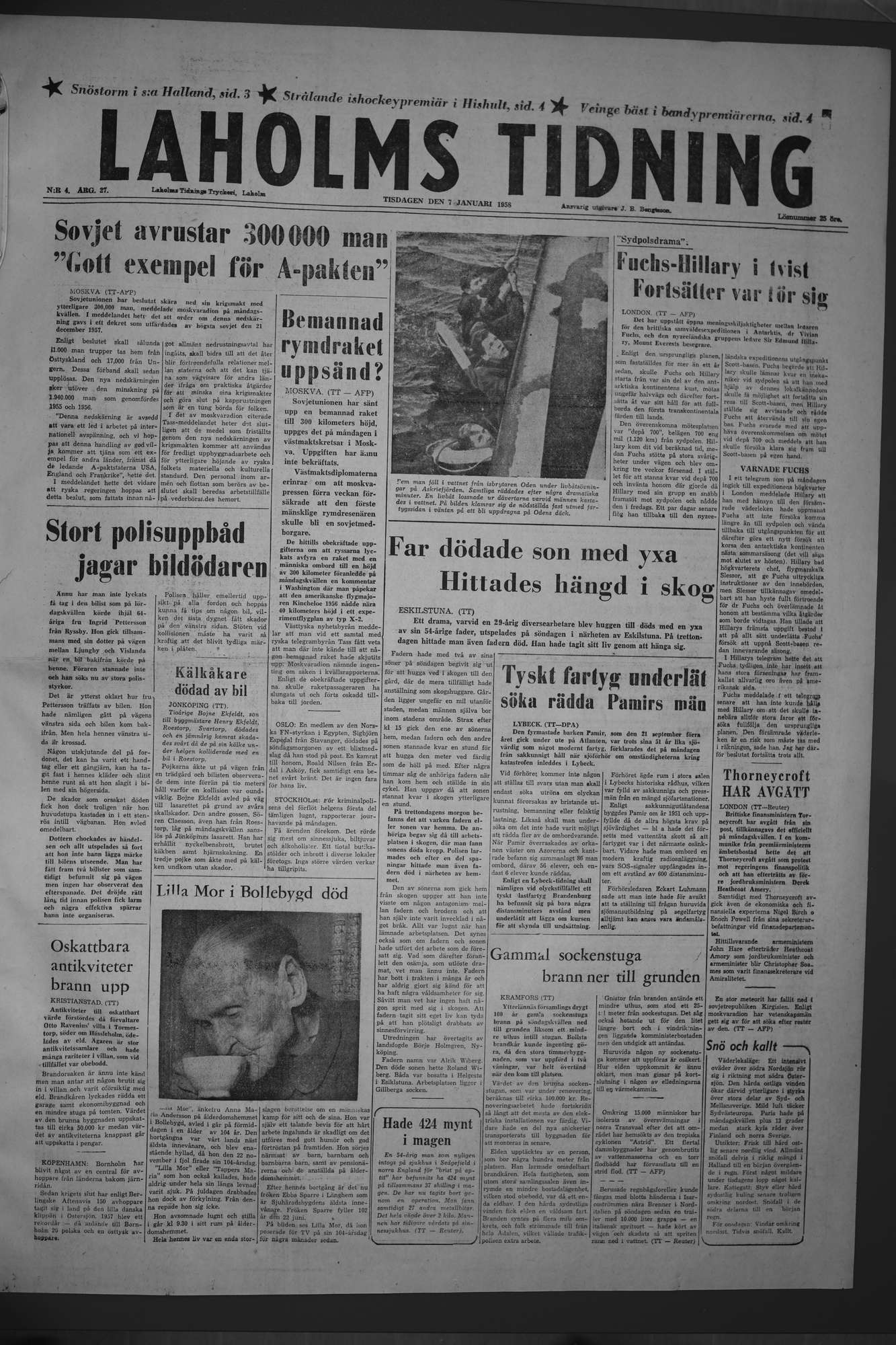 Laholms Tidning Tisdag 7 januari 1958, sida 1