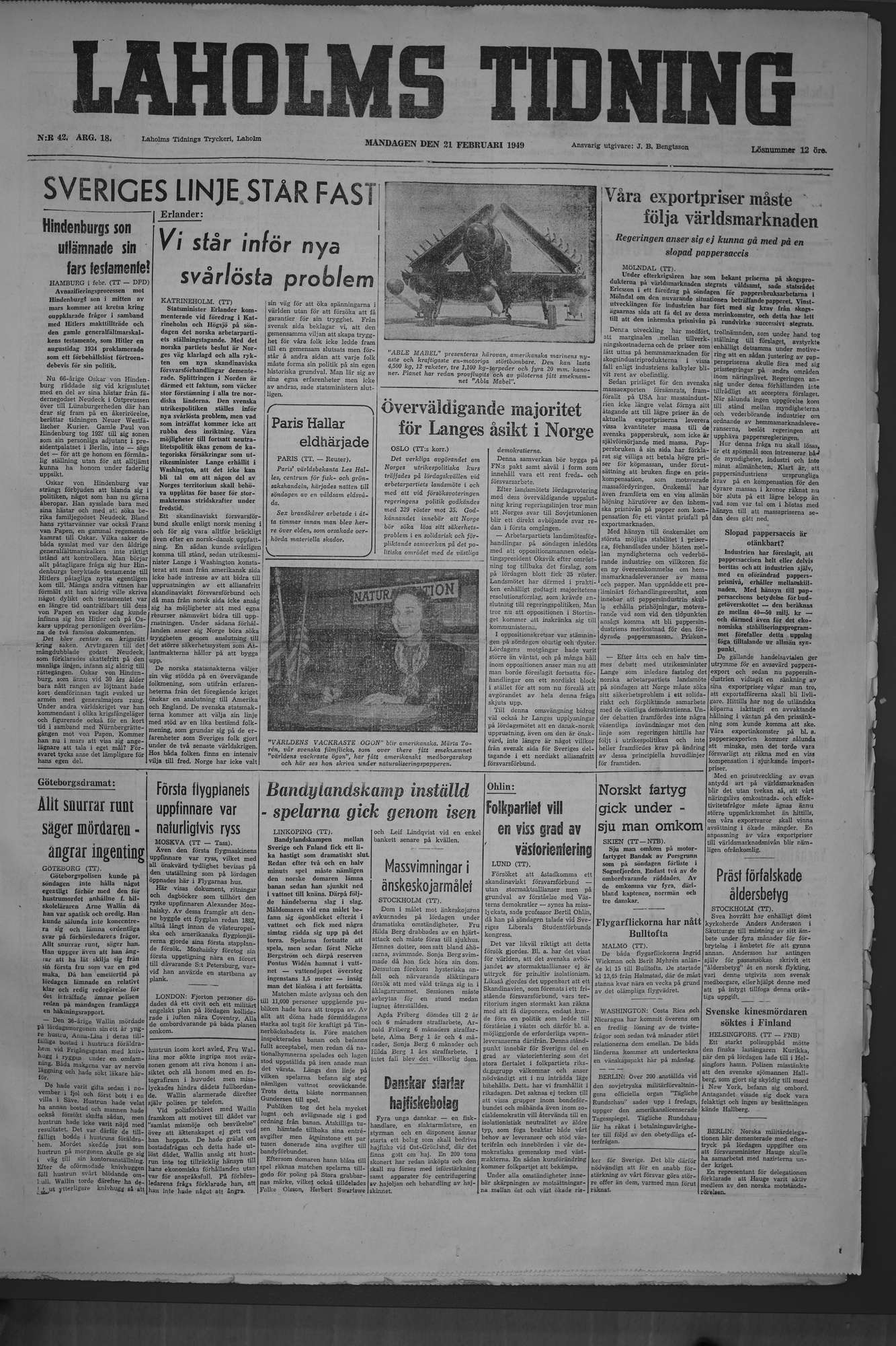 Laholms Tidning Måndag 21 februari 1949, sida 1
