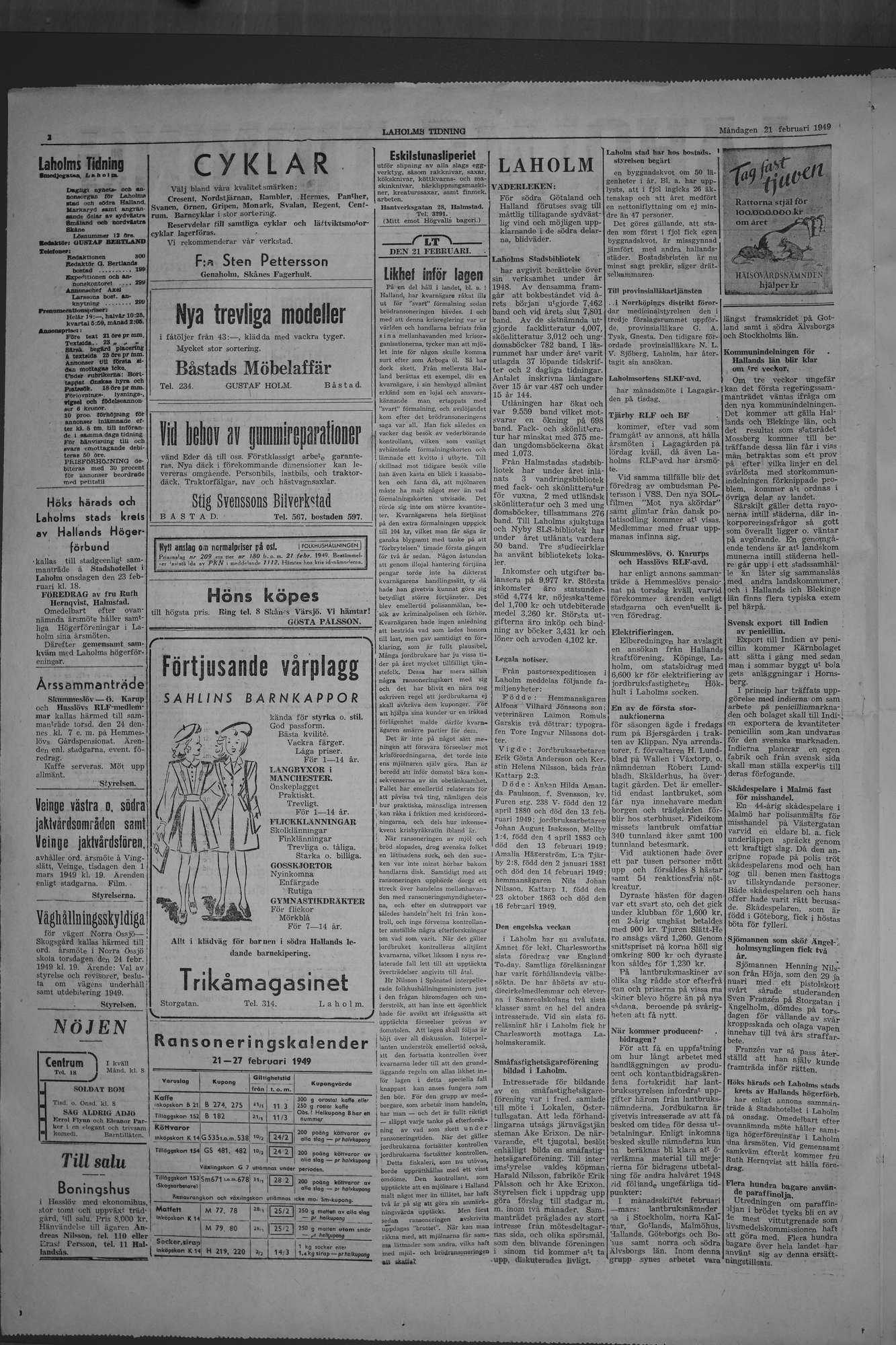 Laholms Tidning Måndag 21 februari 1949, sida 2