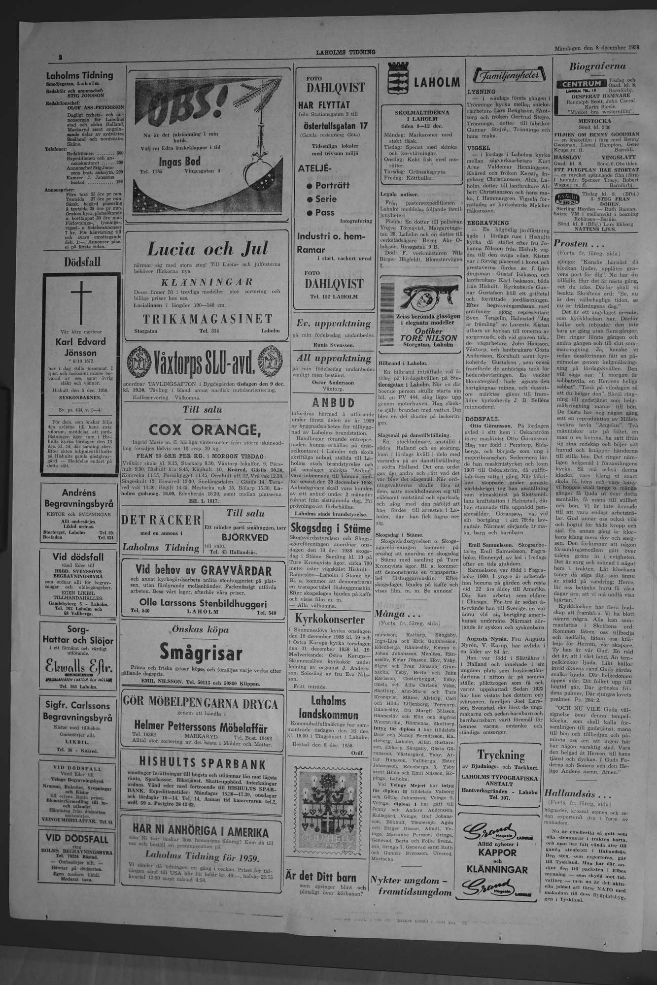 Laholms Tidning Måndag 8 december 1958, sida 2