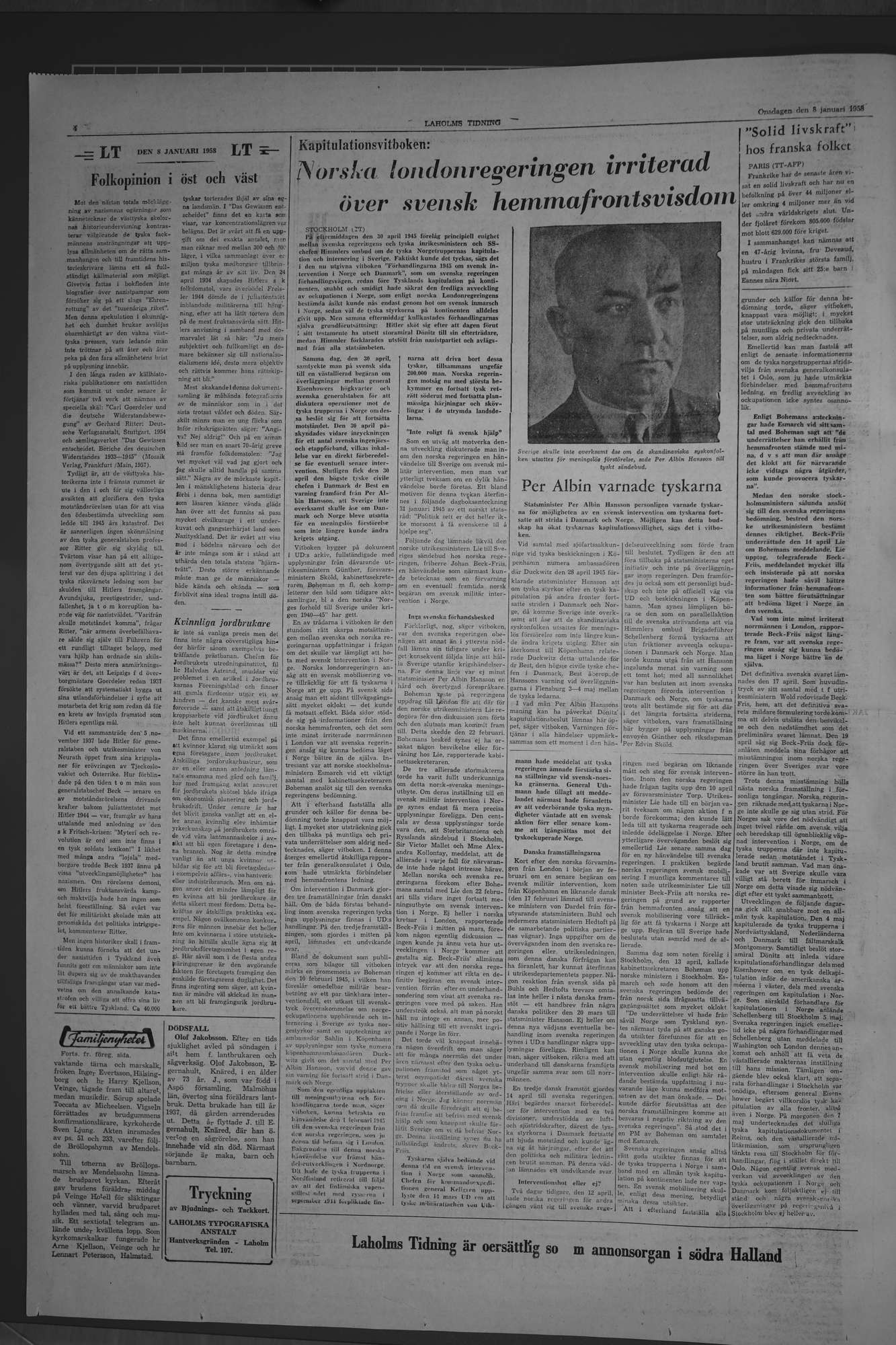 Laholms Tidning Onsdag 8 januari 1958, sida 4