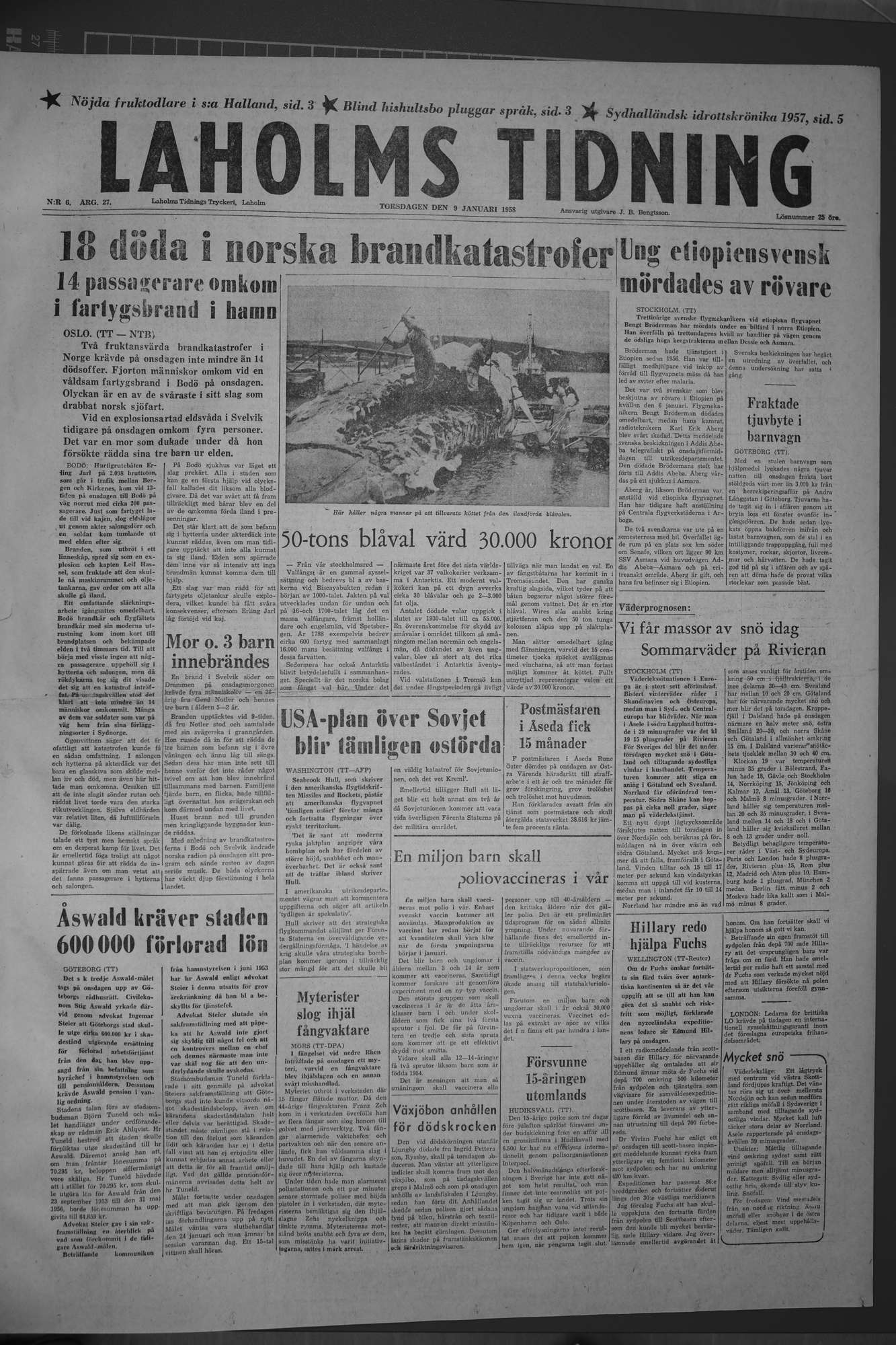 Laholms Tidning Torsdag 9 januari 1958, sida 1