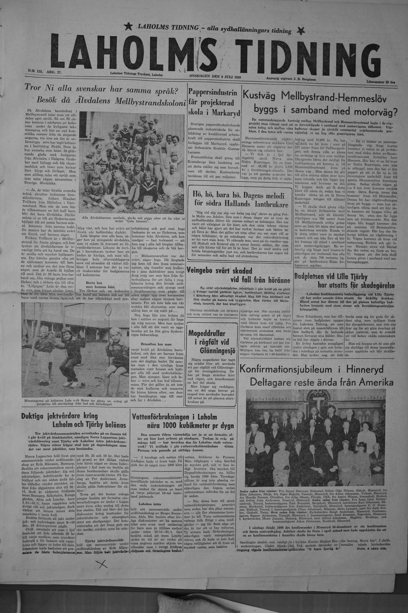 Laholms Tidning Onsdag 9 juli 1958, sida 1