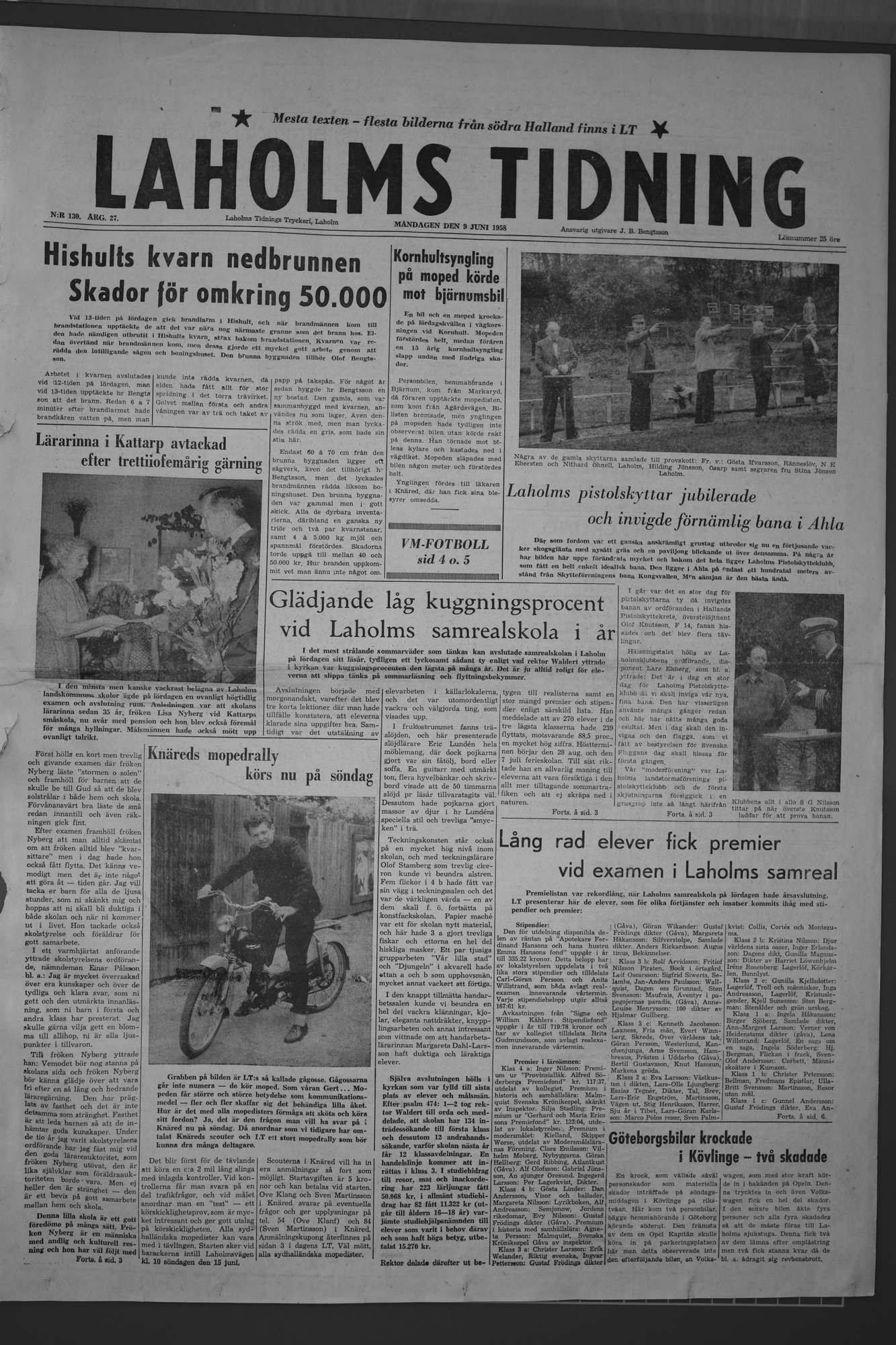 Laholms Tidning Måndag 9 juni 1958, sida 1