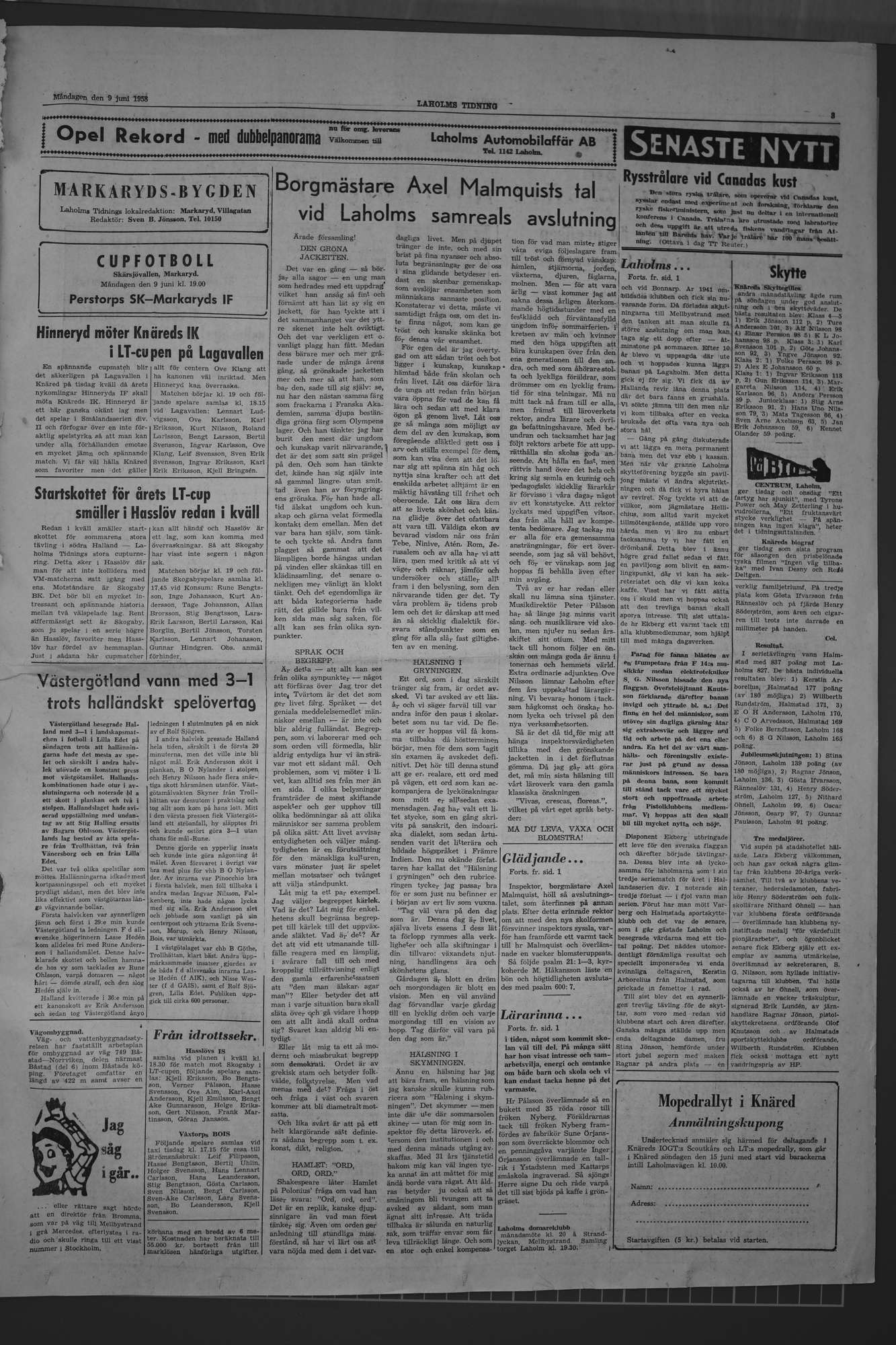 Laholms Tidning Måndag 9 juni 1958, sida 3